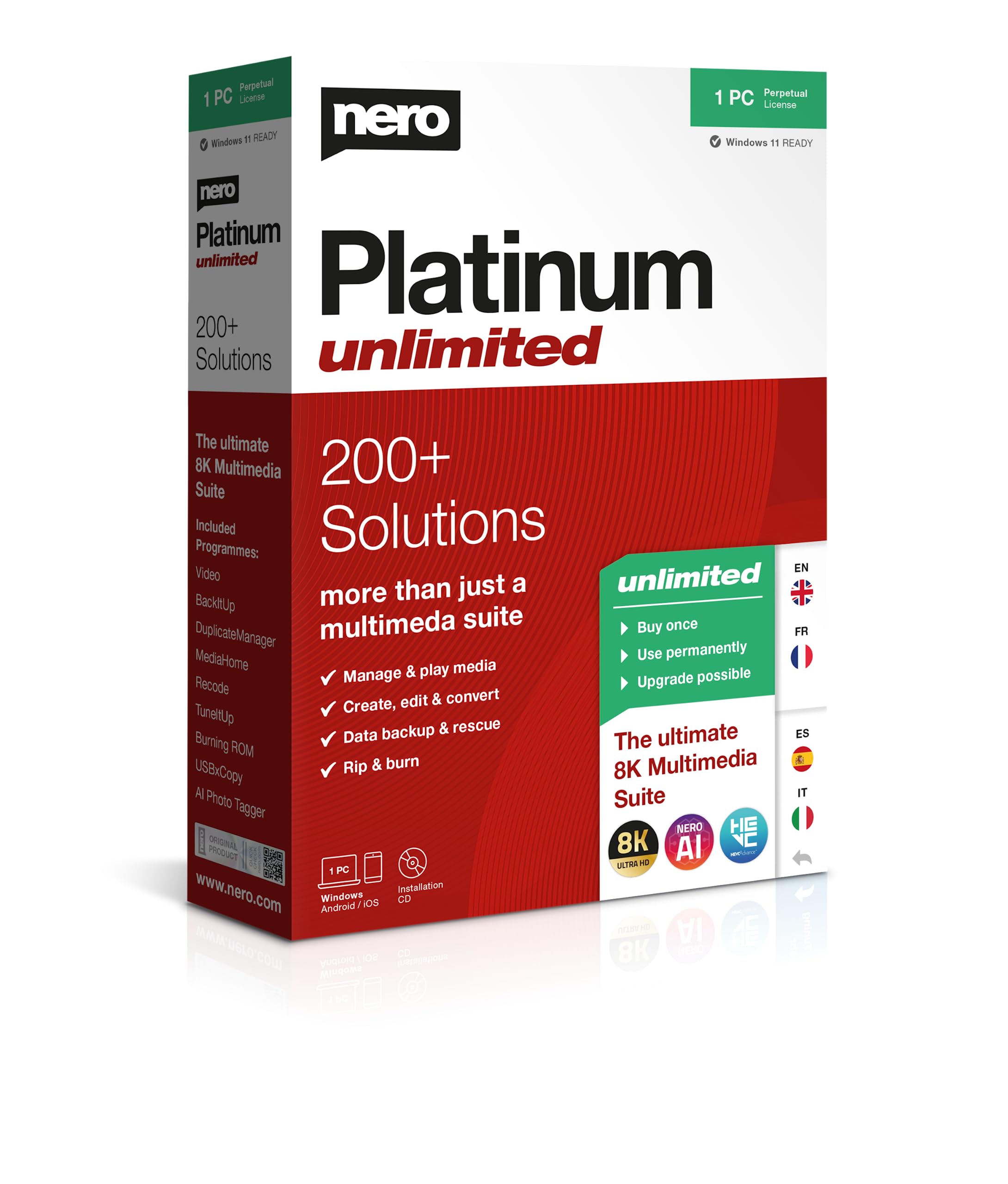 Nero Platinum Unlimited | Retailbox mit CD | Videobearbeitung | Medien verwalten & abspielen | Künstliche Intelligenz | 8K | Fotos | Musik | PC Tuning | Windows 11 / 10 / 8 / 7