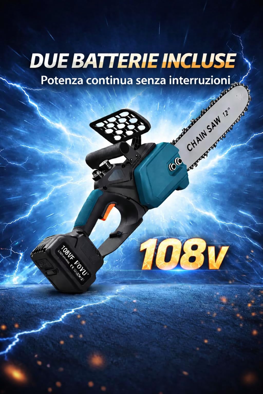 Motosega a Batteria 12 Pollici, 400W Motosega Elettrica, GARANZIA 2 ANNI, Sistema Oliatore, Motore Brushless, 2x1500mAh Batterie, 2 Batterie da 108V, Barra da 30CM, Potatura e Taglio del Legno