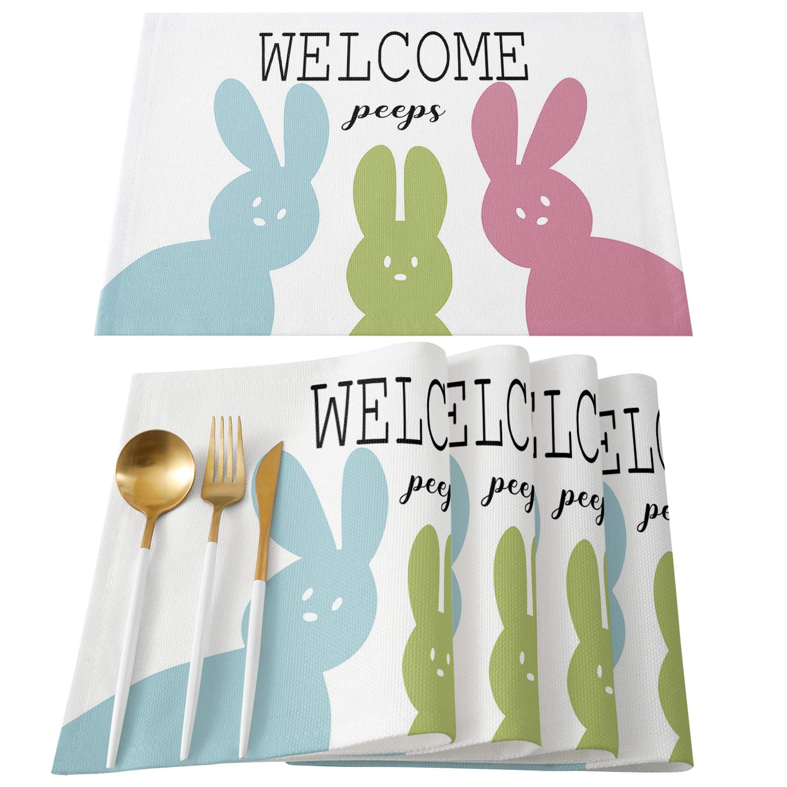 TweetyBed Easter Placemats Cartoon Rabbit Tablemats for Dinner Table, Welcome Peeps Table Mats for Easter Spring Holiday Set of 6 Cotton and Linen Washable