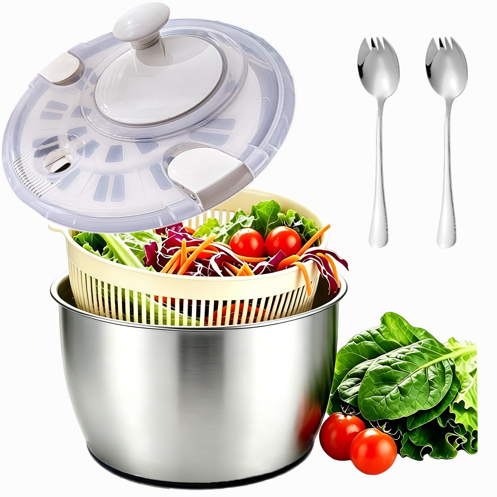 W&H Salatschleuder Edelstahl 5L,Salad Spinner mit Siebkorb und Drehdeckel,Spülmaschinengeeignet,BPA -frei Salatschleudern für Obst Gemüse Salat Zubereitung，Küchenhelfer Salatschleudern für Haushalt