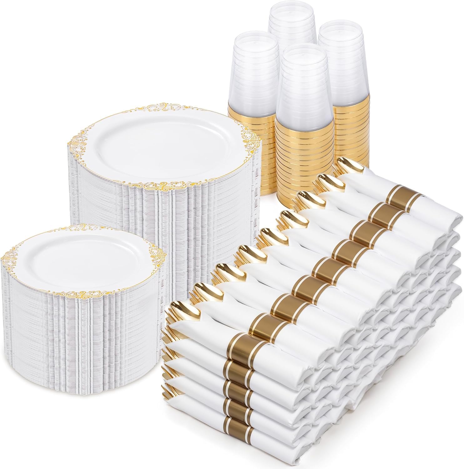 700Pcs Gold Plastic Plates, Plastic Dinnerware Set for 100 Guests