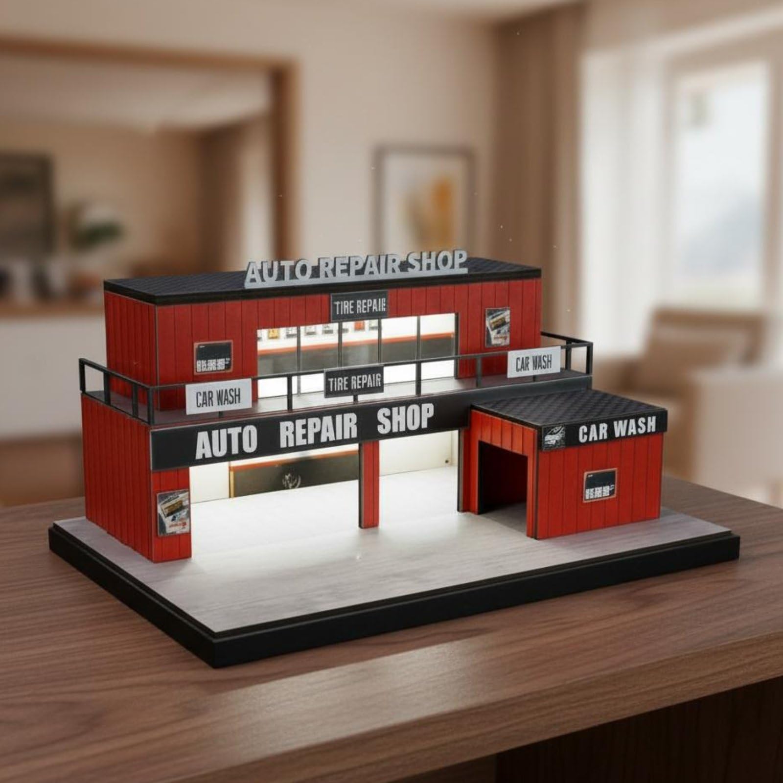 Container Garage Display Modello Garage Diorama Officina Parcheggio Miniatura Scenico con Luci Struttura Compatta a Due Livelli in Plastica Resina