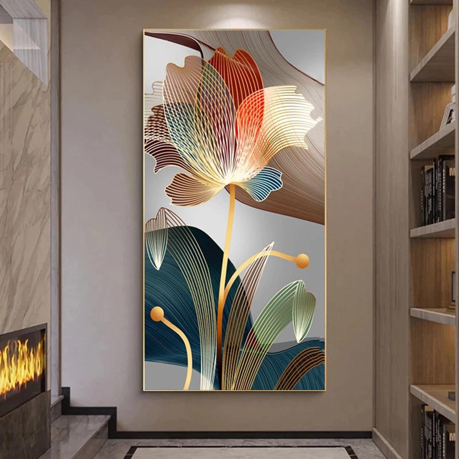 Zhadongli Art Nordic Abstract Flower Modern Canvas Painting Luxury Gold Lines Frameless Wall Art 80x160cm (31x63in) Living Room Decor