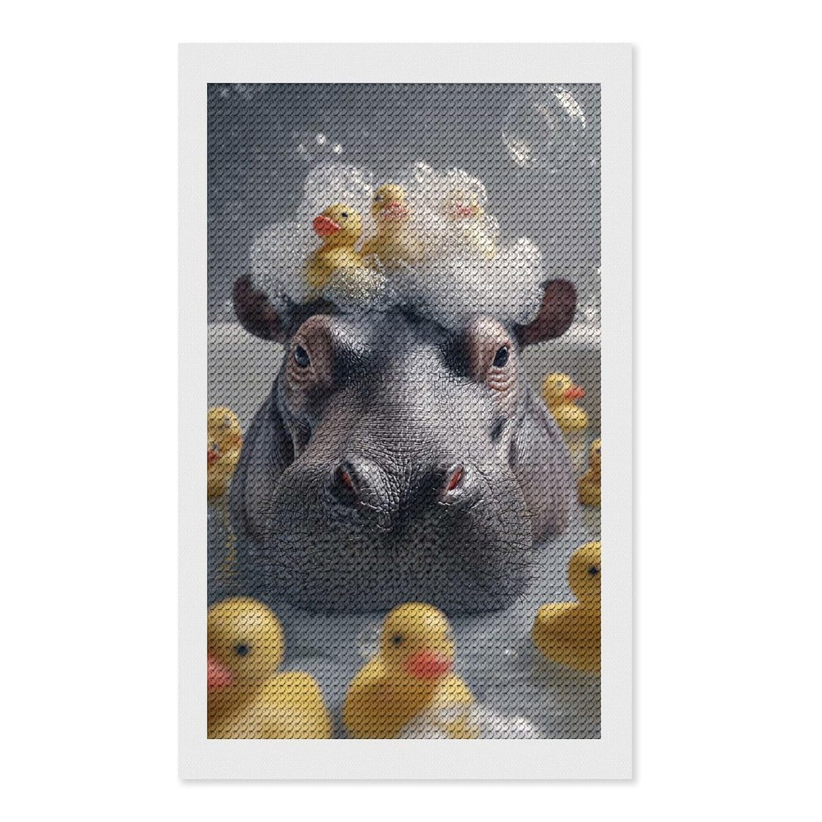 Junmoney Hippo in Bathtub with Rubber Ducks Round Drill Diamond Painting 12"x20", Satisfying Creative Project, Complete Accessories, Printed Canvas