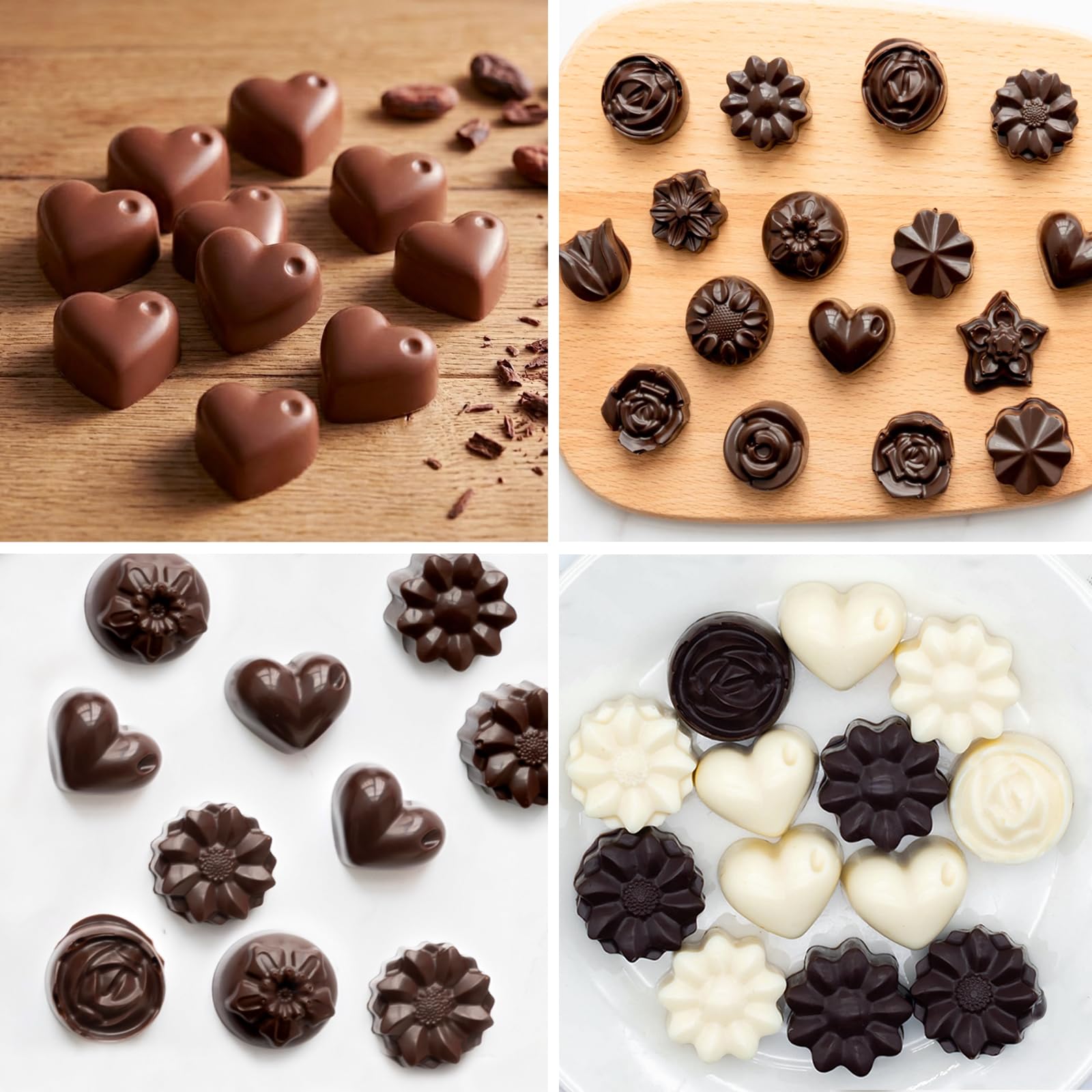 Paquete de 6 moldes de chocolate con flores y corazones, silicona, sin BPA, moldes multiusos, 90 cavidades, antiadherentes, fáciles de usar