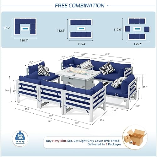 Miniatura 825 de NICESOUL 7 Piece White Powder-Coated Aluminum Patio Furniture with Fire Pit Table, 29 Inch Extra Wide Outdoor Sectional Sofa for 6, High-End Heavy