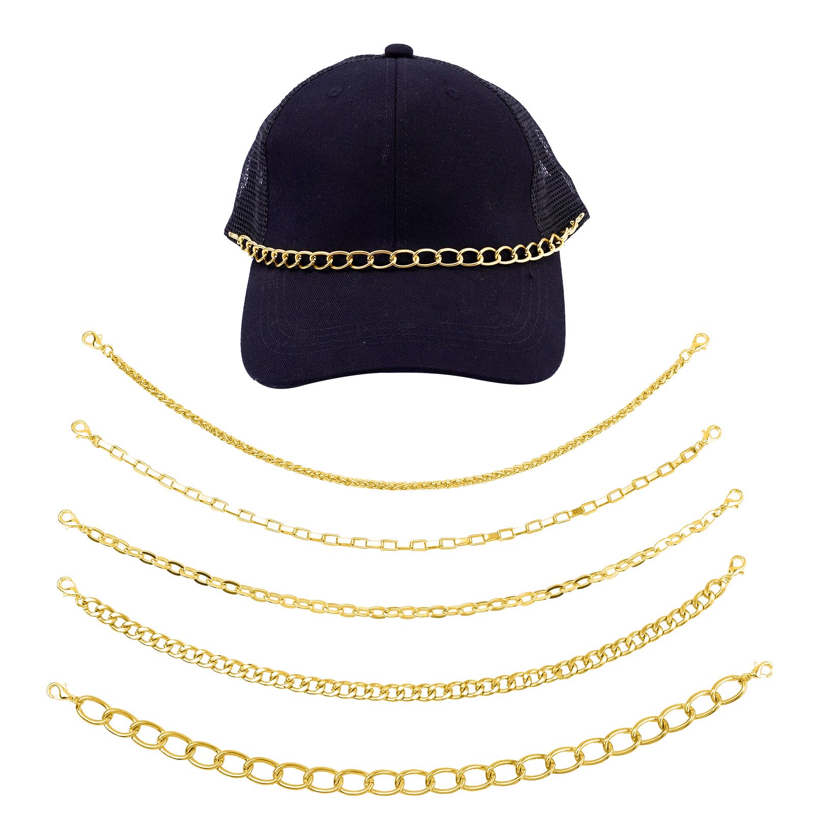 5pcs Trucker Hat Chains, 5 Style Gold Hat Brim Chain Detachable Trucker Hat Chains Women Bill Decoration Metal Trucker Hat Charms for Mesh Baseball Cap Accessories