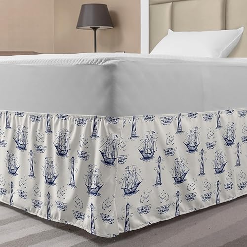 Lunarable Falda de cama náutica, navega en las olas del mar con gaviotas faro retro pirata, falda de cama elástica con volantes para decoración de
