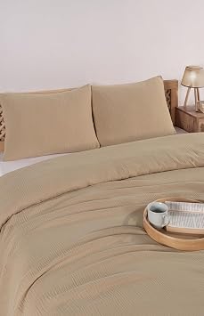 Müslin Yatak Örtüsü Seti, Şık Düz Renk 100% Pamuk 4 Kat Muslin Tek/Çift Kişilik Yastık Kılıflı Pike Takımı, Denizli Üretimi (Bej, Tek Kişilik Set (180x230 cm))