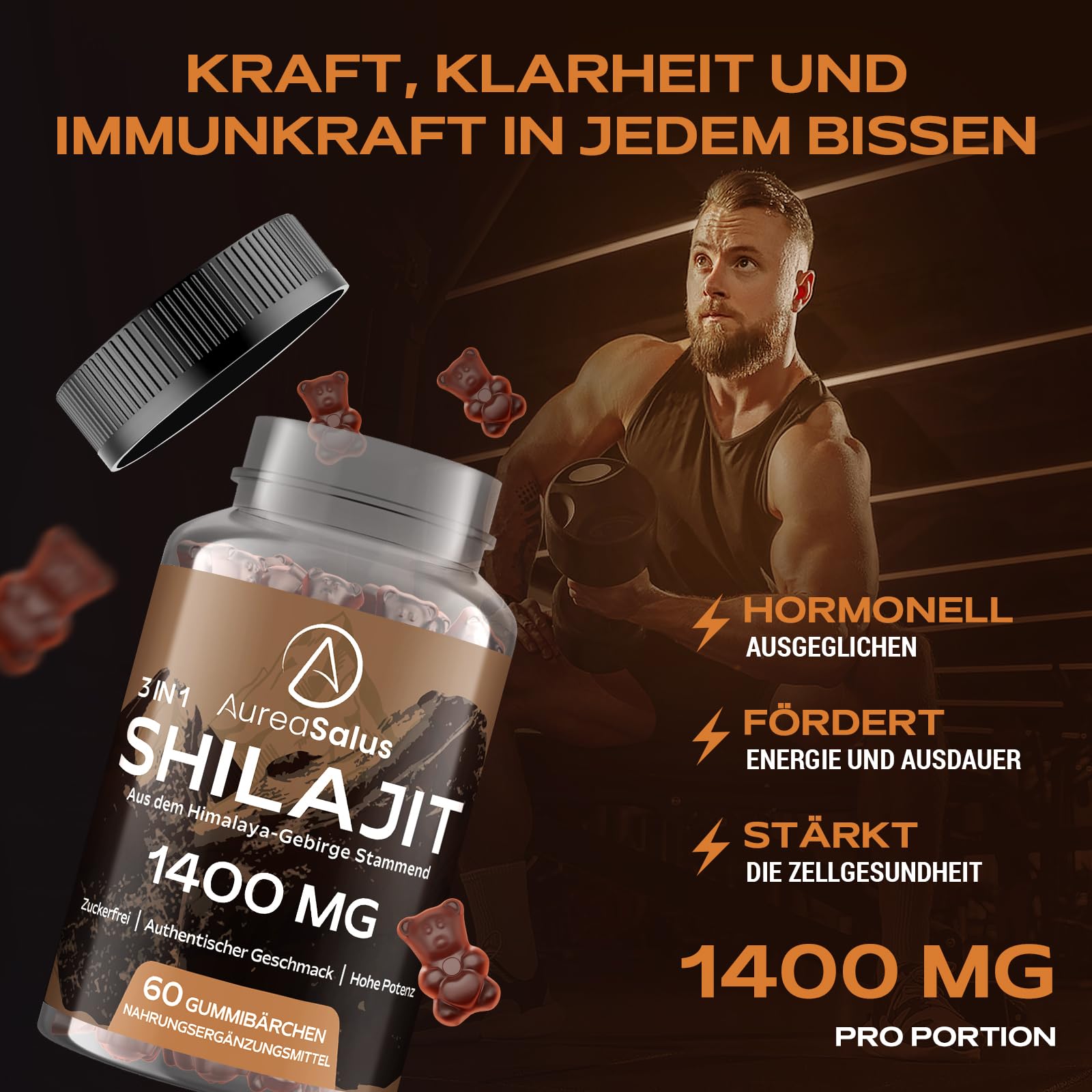 Gominolas de Shilajit 1.400 mg/día (extracto 20:1), con Ashwagandha y Chaga, 5% ácido fúlvico, veganas, sin azúcar ni aditivos, 60 unidades aptas para hombres y mujeres