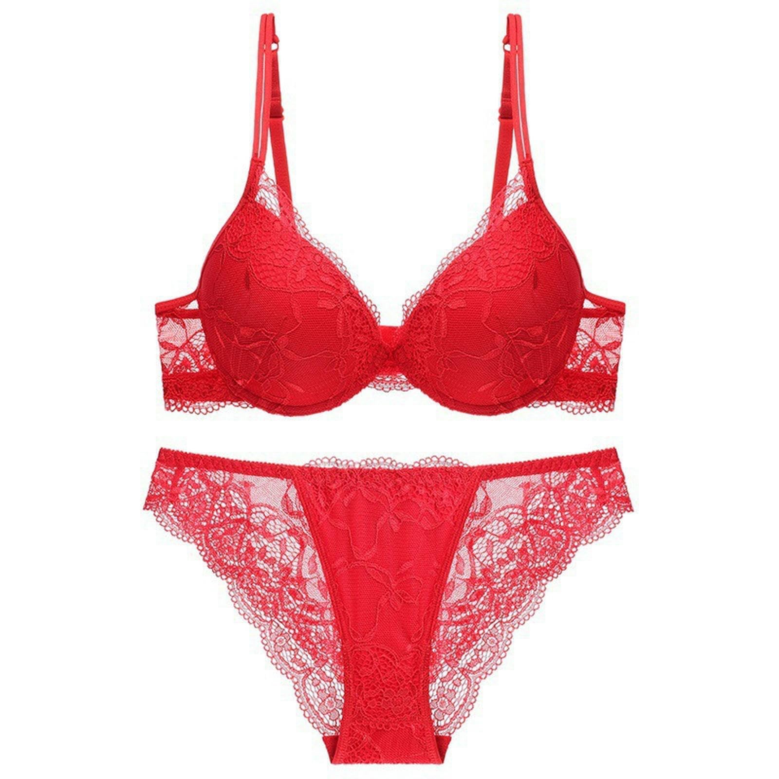 unterwäsche Frauen sexy Set Sexy Spitze Unterdraht Push Up Strumpfband Gürtel Dessous -Set Für Frauen, Die Bra Und Planty2 Stück-rot-70a
