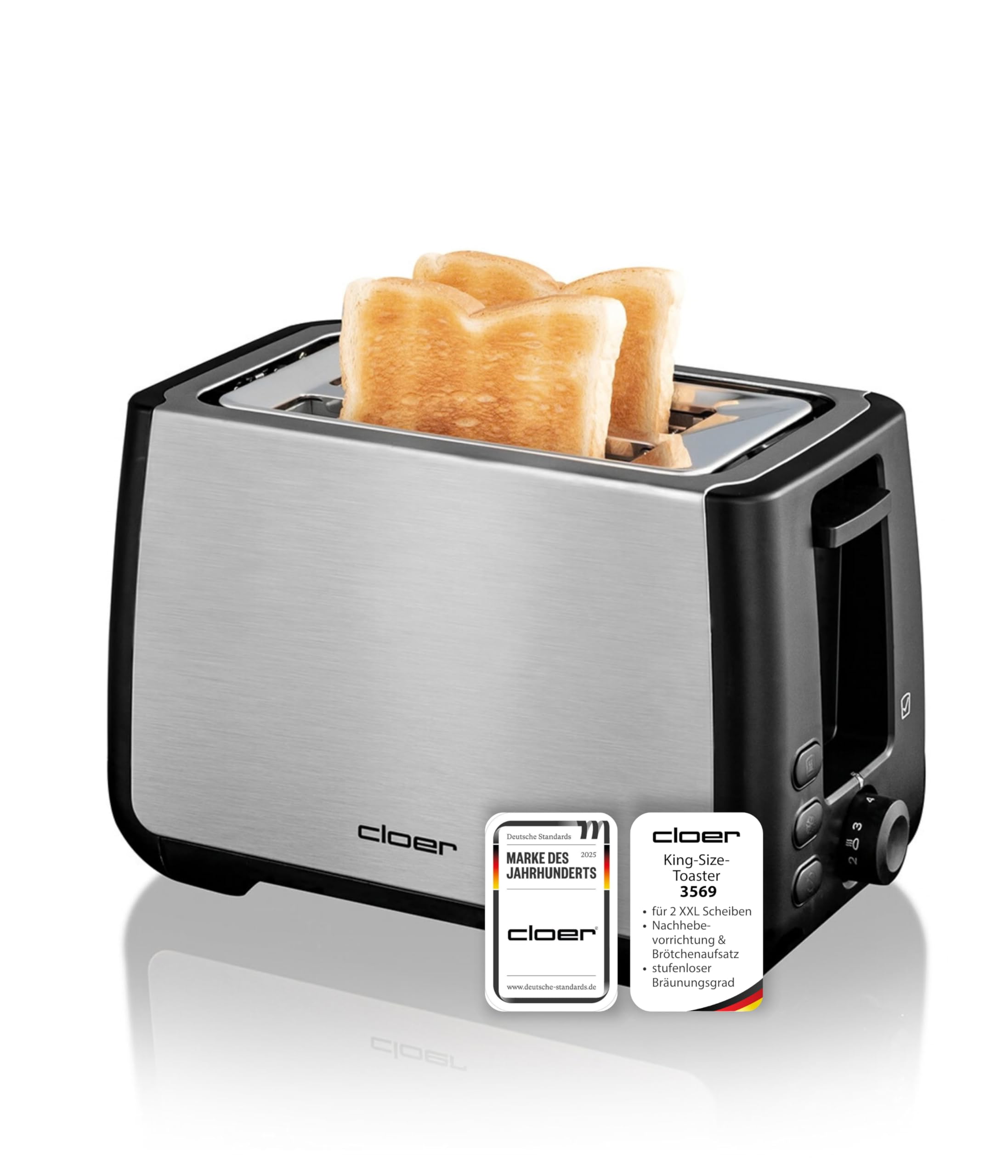 Cloer 3569 King-Size-Toaster für 2 XXL Scheiben, Check-Funktion, Edelstahlgehäuse, 1000 Watt, schwarz Kunststoff
