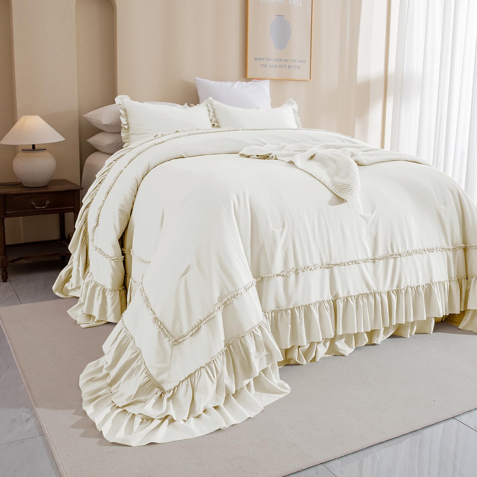 QSH Ivory Ruffled Oversized King Comforter 120x120,3PCs Farmhouse Shabby French Country Chic Ruffle Bed Comforter Set Lightweight Boho California King Comforter Ultra Soft Microfiber Fluffy Bedding