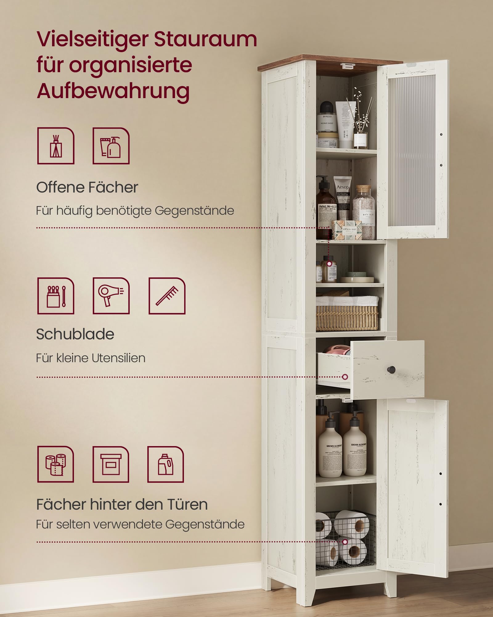 VASAGLE LIRY Kollektion - Badezimmerschrank im Landhausstil, Badschrank schmal, Badmöbel, offene Fächer, 1 Schublade, mit Türen, vintageweiß-honigbraun, 31,5 x 33 x 171 cm BBK660W101