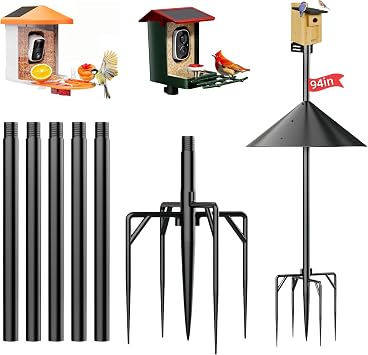 NSYOOMH Dia 1 Inch Bird Feeder Pole with 19" Proof Squirrel Baffle, Heavy Duty Metal, Bird House Pole Compatible Mount for Smart Camera Birdfeeder, Outdoor Feeding Station Stand Kit - 94"