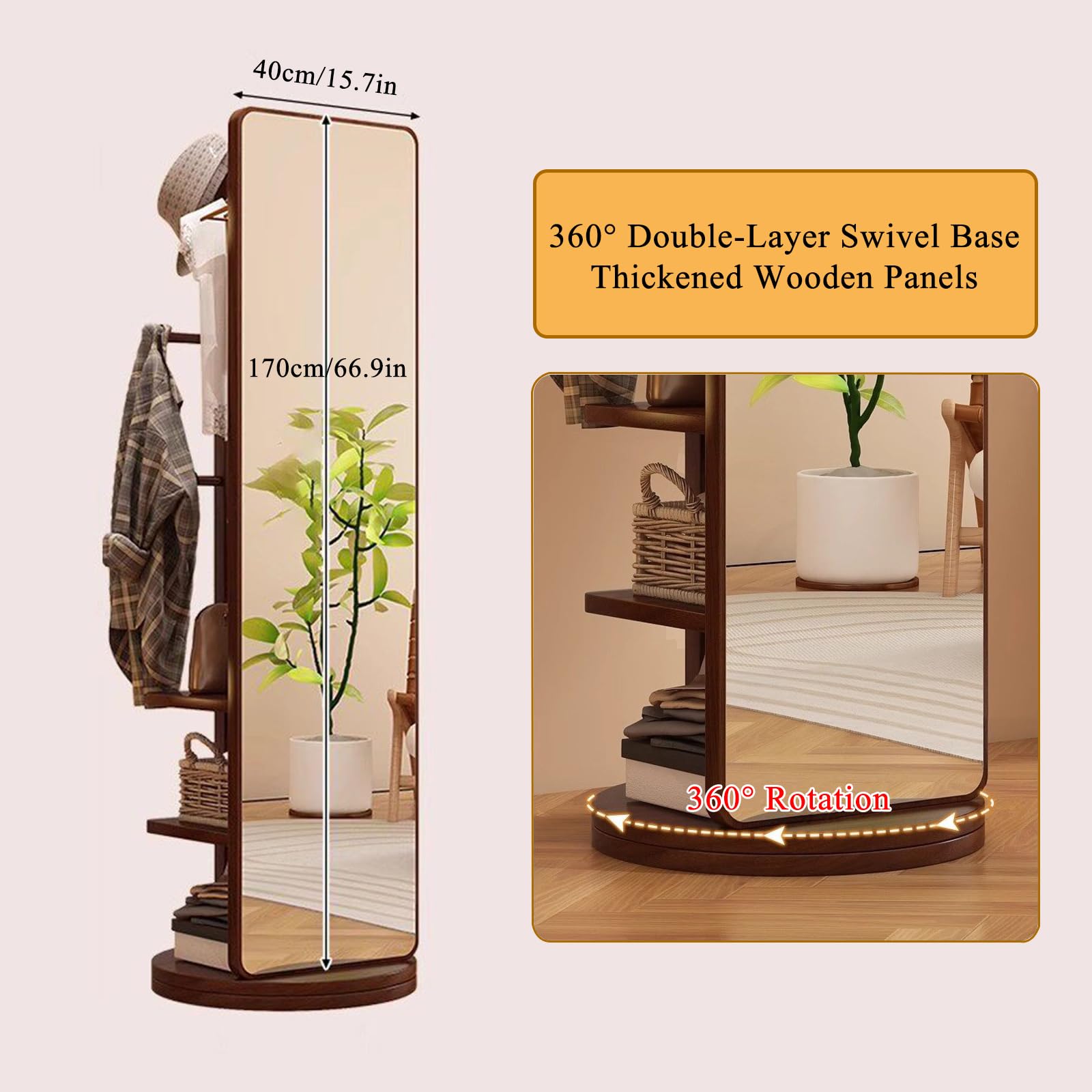 Espejo de Cuerpo Entero con Perchero, Espejos de Suelo giratorios 360° y Organizador 170 × 40 cm Espejos Grande con Almacenamiento y Ganchos, para Guardarropa, Dormitorio o Salon, Ahorra Espacio