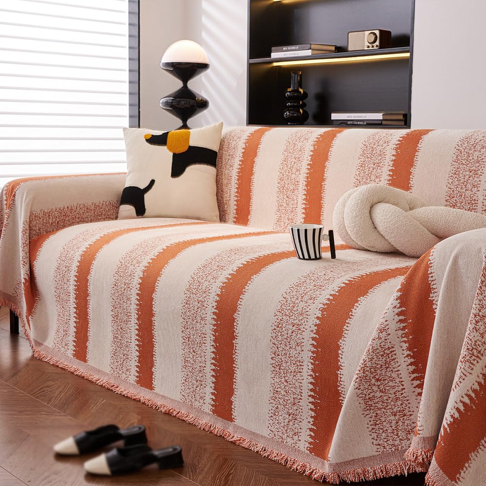 FANSU Throw for Sofa Large 1/2/3/4 Seater, Soft Throw Blanket Sofa Reversible Versatile Blanket Throw Lightweight Decorative Blanket for Chair Settees Couch Sofa Bed (orange stripes,180x230cm)