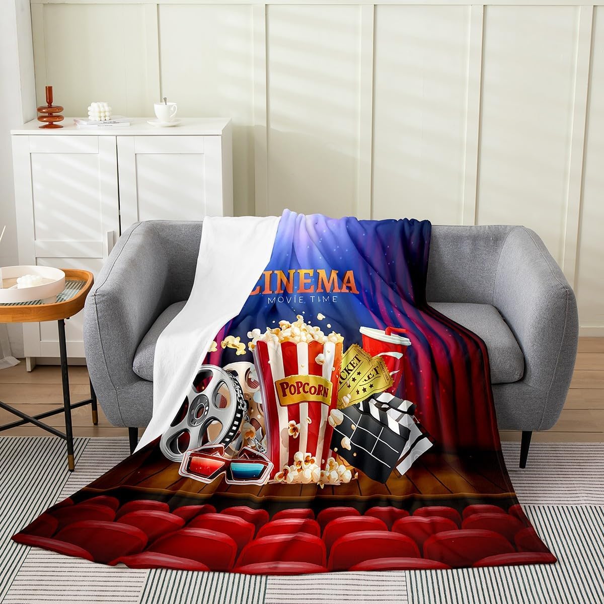 Queen 90"x90" Movie Night All Season,Bed Blanket Boys Girls Movie Plush Throw Blanket, for Kids Women Men Ultra Soft Movie Theater Decor Flannel Fleece Blanket Popcorn Room Decor