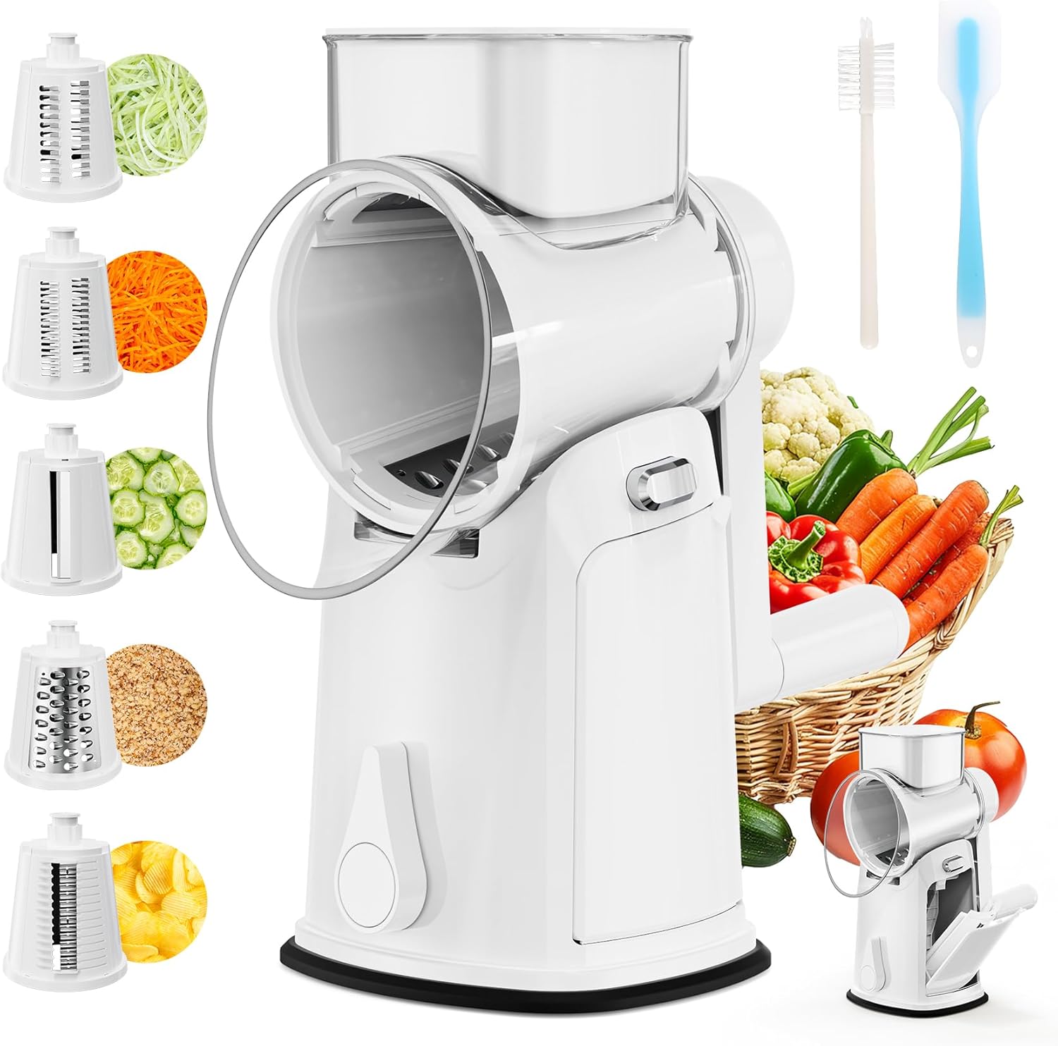 (Similar to)1 Upgraded Rotary Cheese Grater with Handle – Vegetable Shredder with Built-in Storage Blade Slot, 5 Versatile Blades, Strong Suction Base Round Mandoline Slicer, Food Chopper for Kitchen White