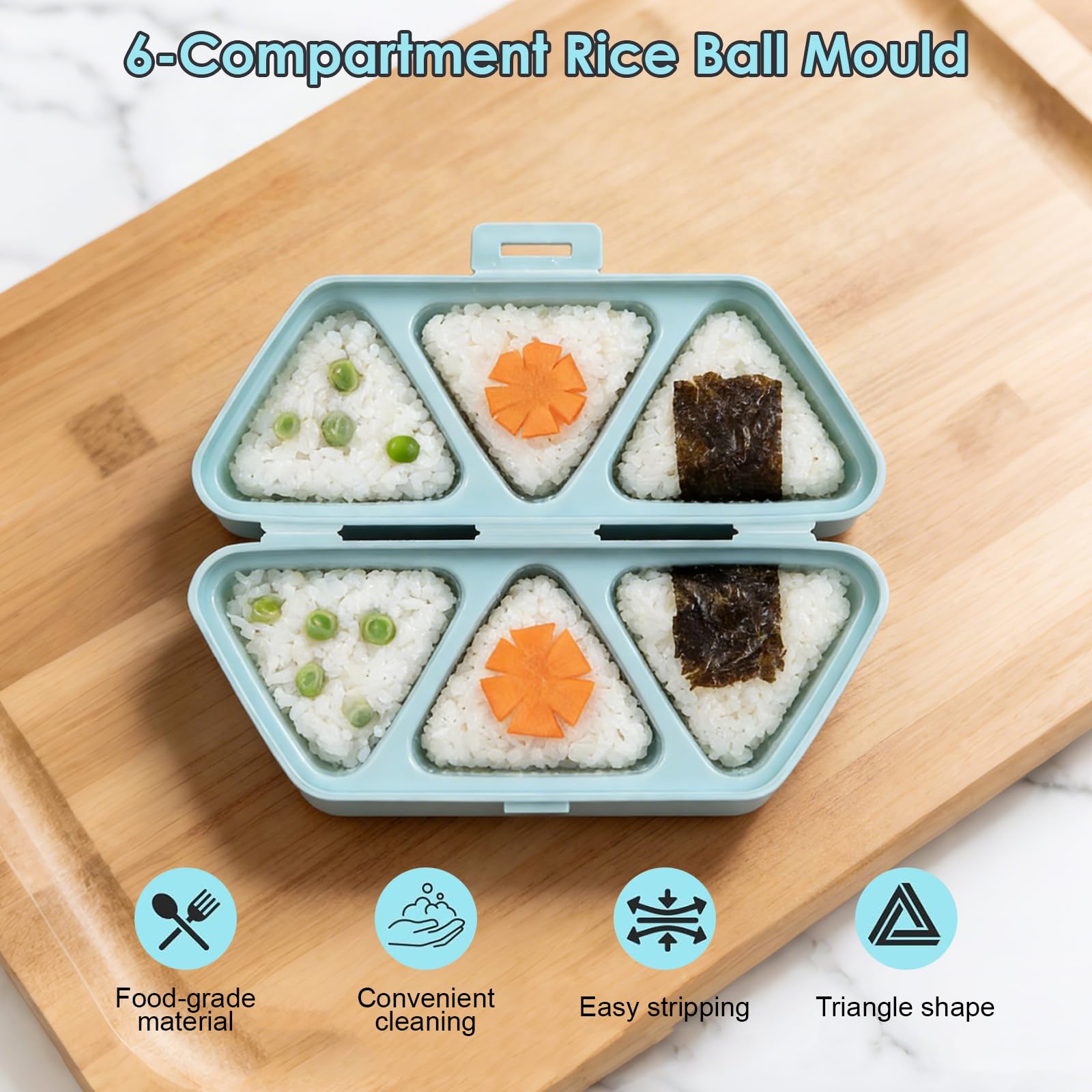 Stampo per Onigiri e Portavivande, 6 in 1 Stampo Sushi Triangolare per 6 Onigiri, Sushi Maker e Scatola di Conservazione, per Pranzo, Picnic e Feste