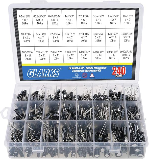 Glarks 240Pcs 24 Value 10V 16V 25V 50V Metal Electrolytic Capacitors Assorted Assortment Kit Set, Lable Capacitor Range 0.1UF - 1000UF
