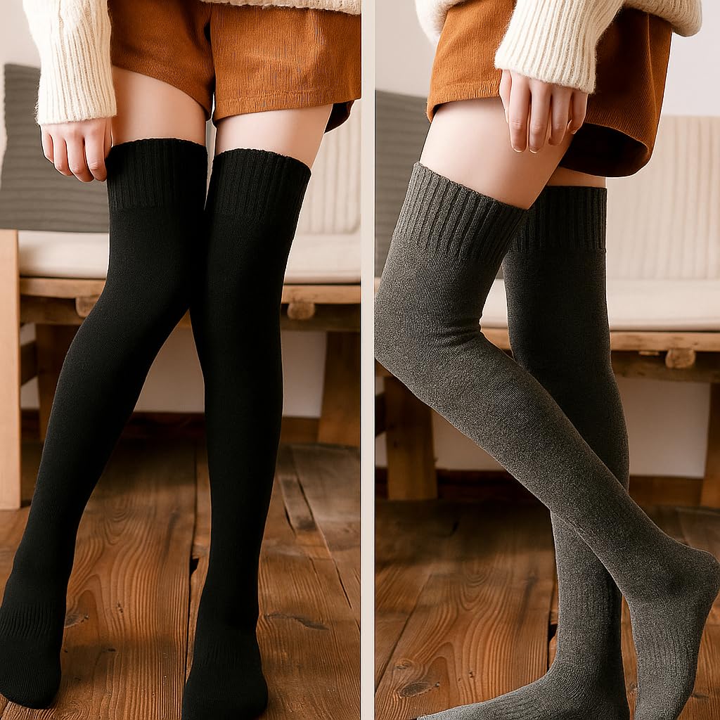 SMARAN Wool Warm Thigh High Socks | Thick Knitted Thermal Woolen Over Knee Long Socks for Women Winter Wear | Soft Stretchy Knee High Leg Warmers for Girls & Ladies 4