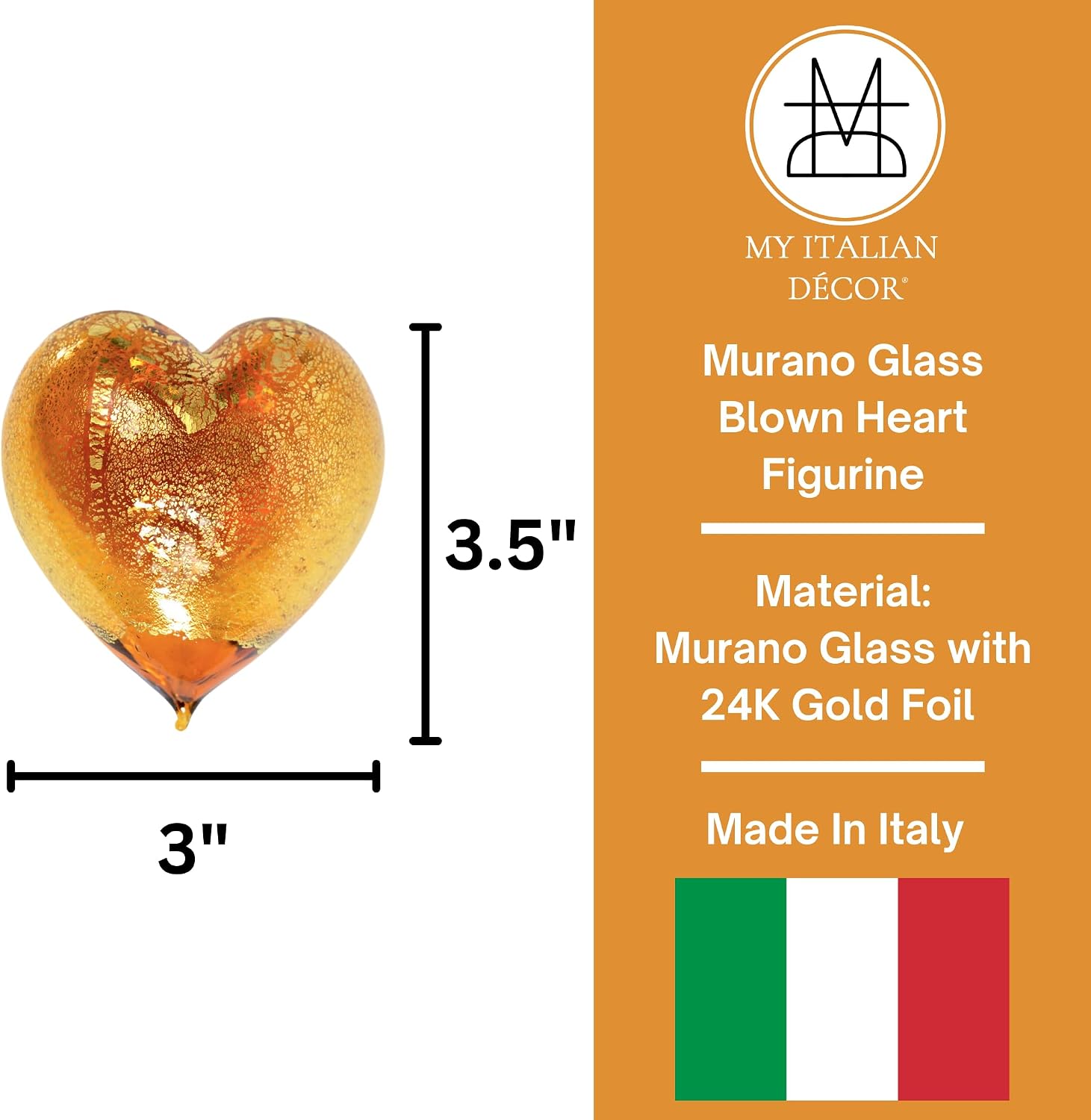 MY ITALIAN DÉCOR Handmade Murano Glass Blown Heart Figurine, Amber, 3.5" x 3", Hand Blown Heart Shaped Decor, Valentine's Day Decorations, Glass Heart Gifts for Women, Made in Italy