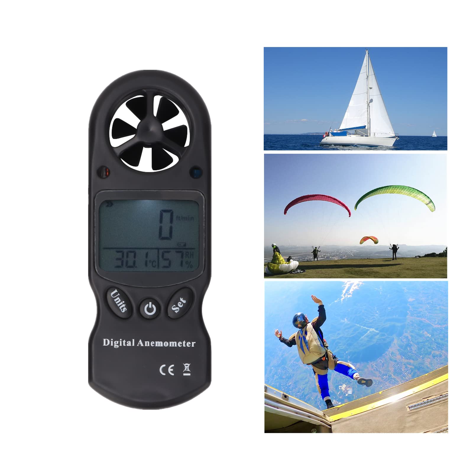 Digitaler Anemometer Handheld Windmesser 3 in 1 Thermometer Hygrometer Anemometer Präzise Messung der Windgeschwindigkeit für Wetterdaten Sammlung Outdoor Sport Windsurfen Segeln