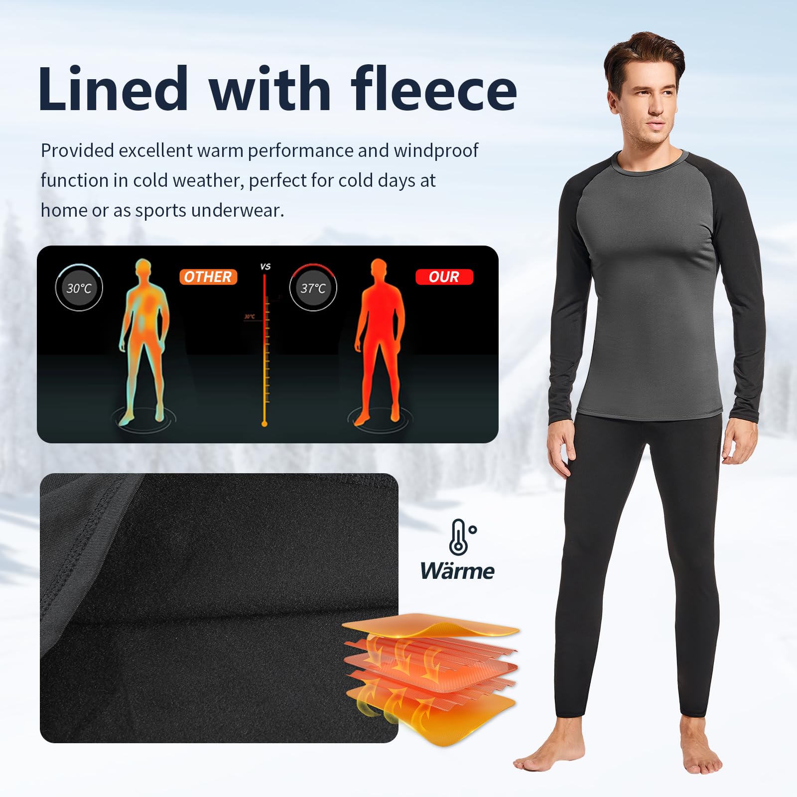 Leeboom Intimo Termico Uomo Invernale Tuta Termica Uomo Antivento Intimo Termico Sci Uomo Biancheria Intima Termica Set per Sci Palestra Ciclismo Corsa