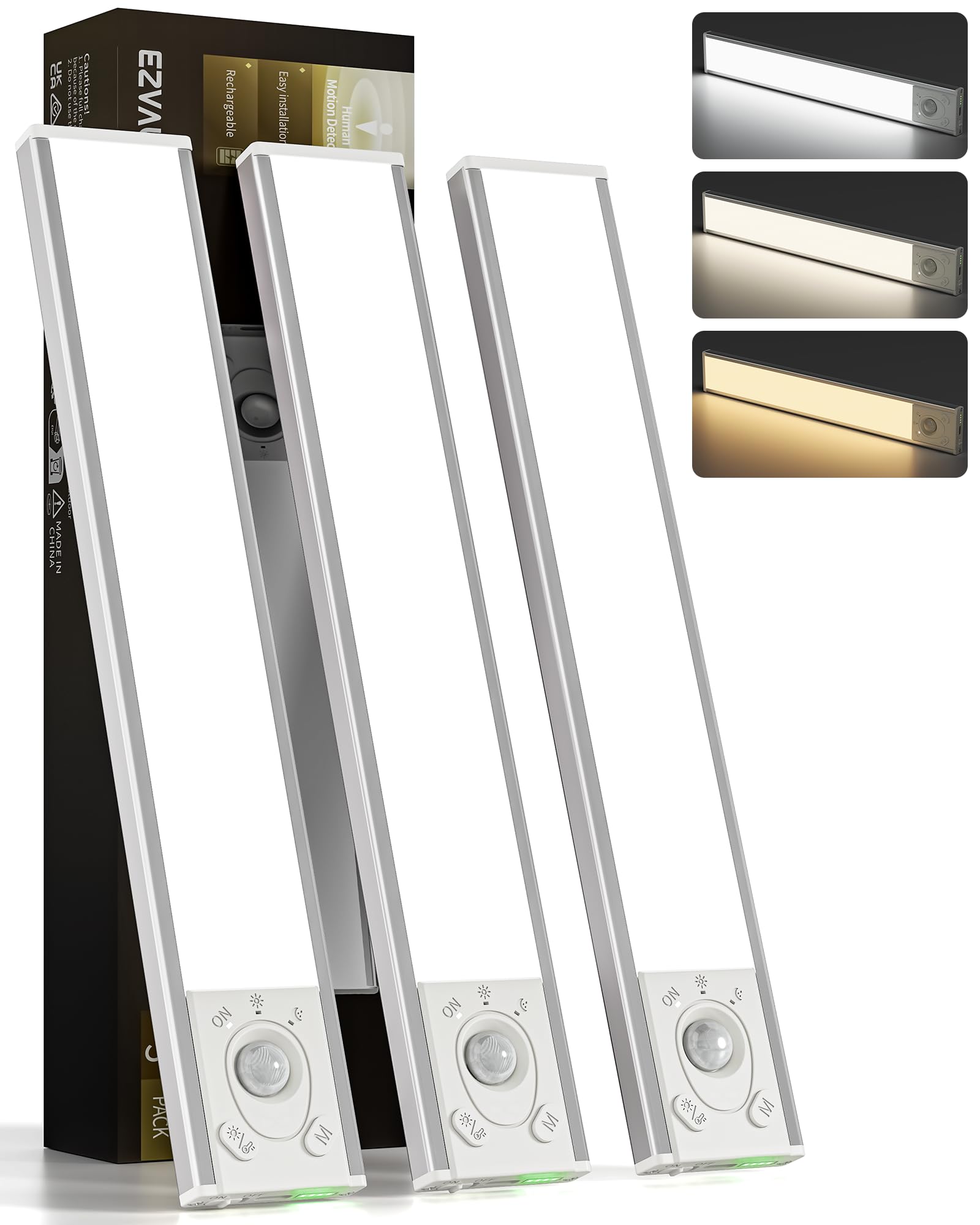 EZVALO 3 Pack 11.8" Under Cabinet Lights, Rechargeable Motion Sensor LED Lights, 3 Colour Dimmable, Power Indicator, Magnetic Wireless Closet Lights for Kitchen Stairs (3, White, 11.8inch)