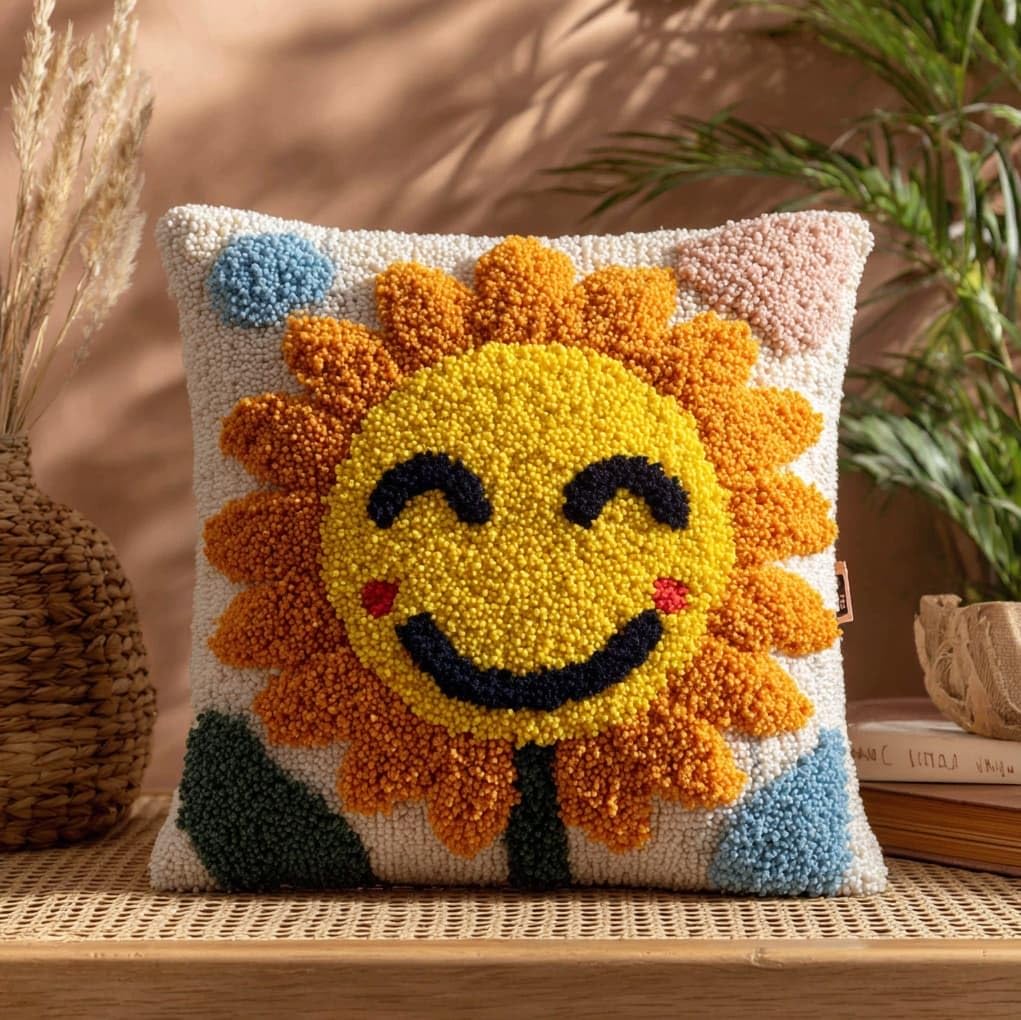 WallustrioaW Latch Hook Kits Pillow Printed Cushion,Smiling Sunflower