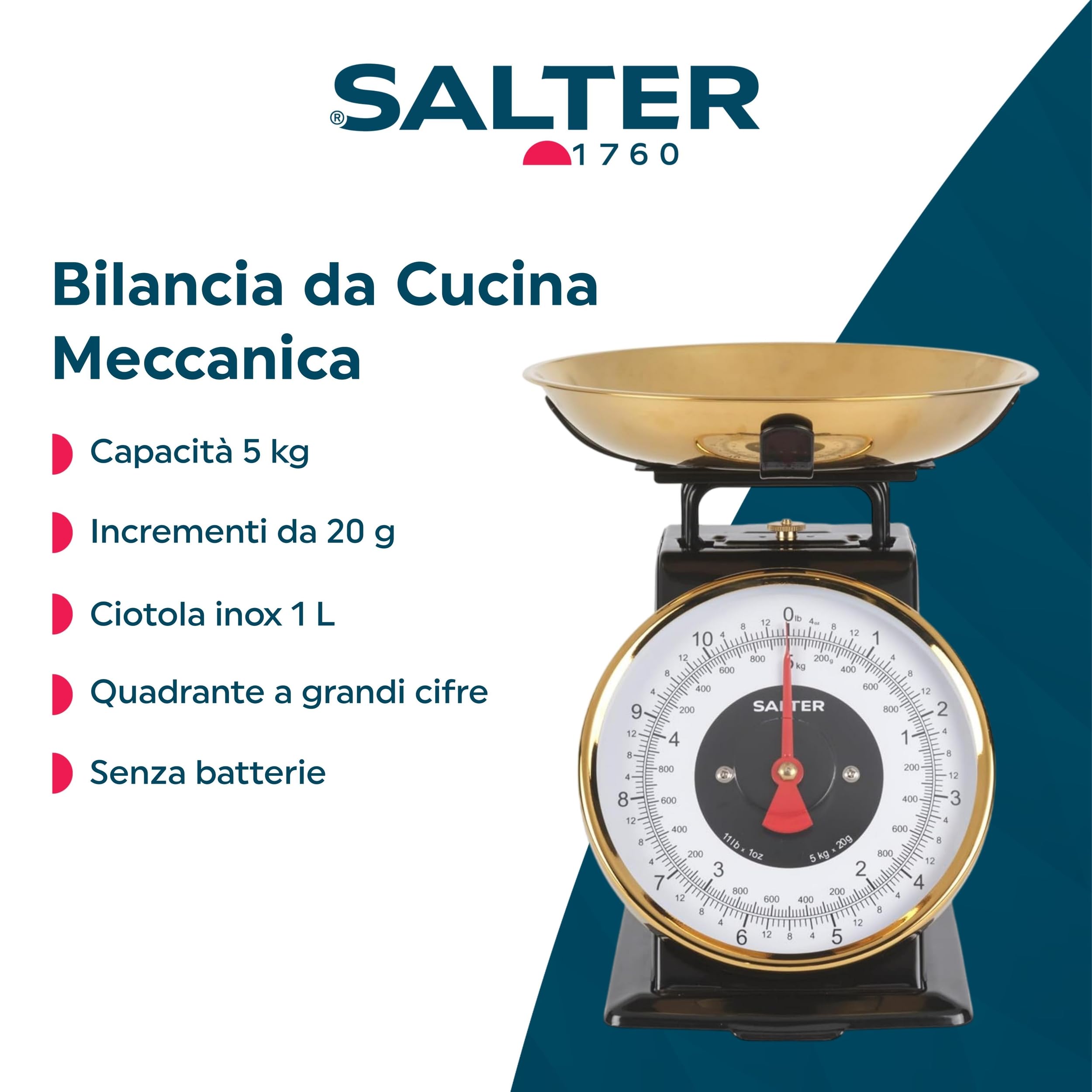 Salter Timeless Bilancia da cucina meccanica 5 kg acciaio inox 1 litro incrementi 20 g cifre grandi nero oro