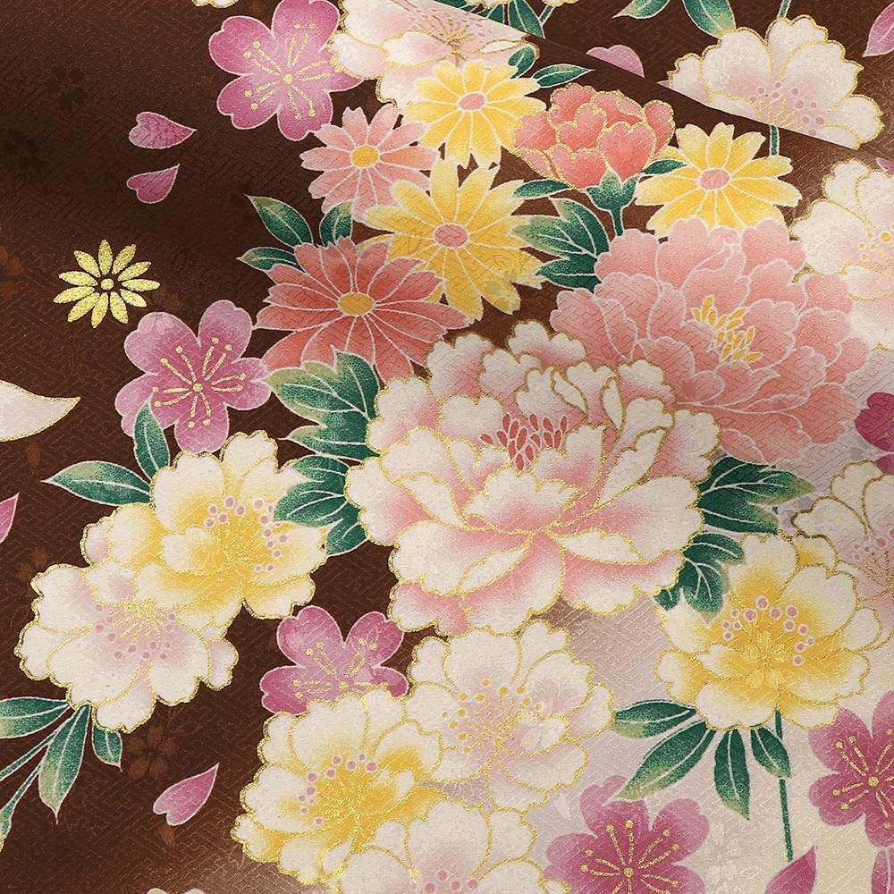Amazon | 京・金彩友禅 八重桜に牡丹菊花（檜皮色） 生地巾37cm×長さ 