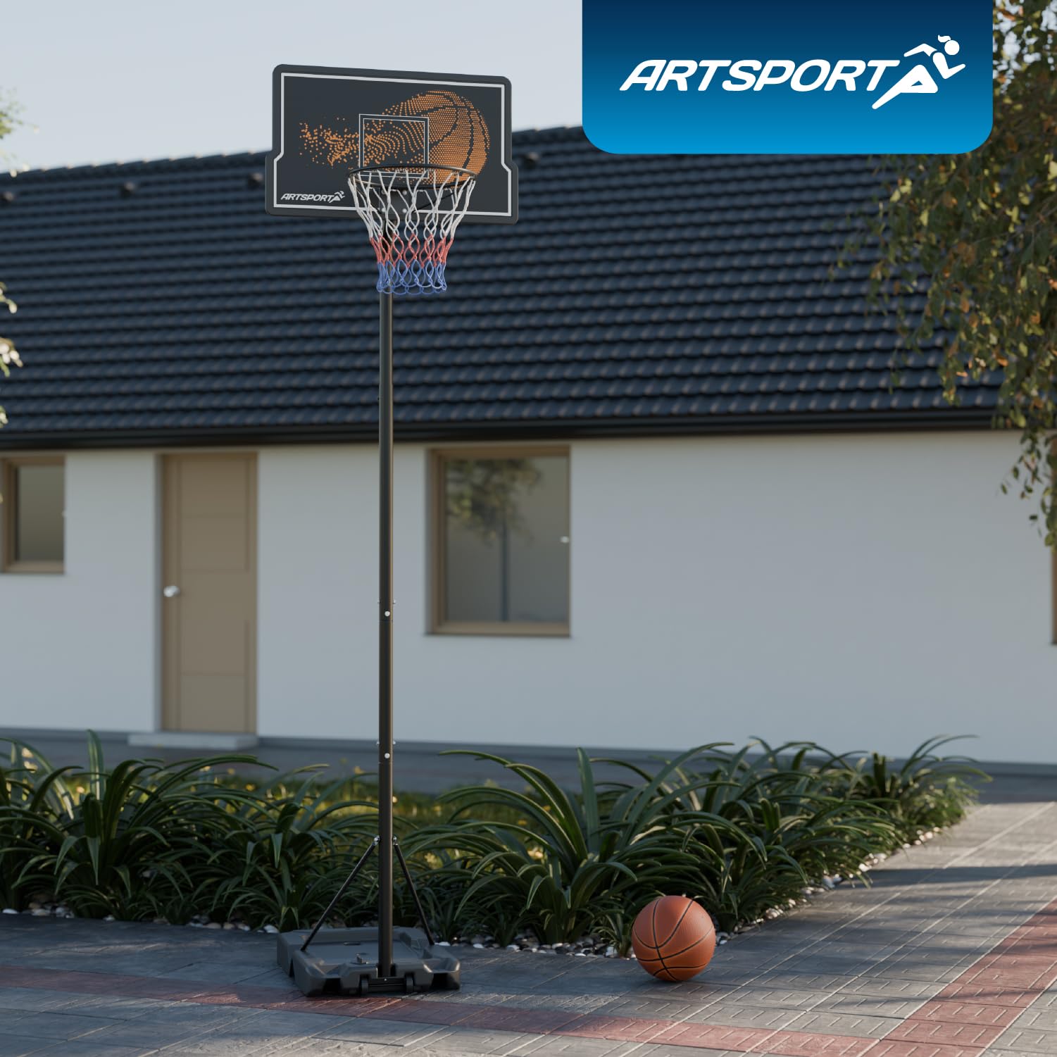 ArtSport Panier de Basket d'extérieur avec Pied et roulettes – Hauteur réglable de 255 à 305 cm Panier Adulte Enfant Support de Basket Noir