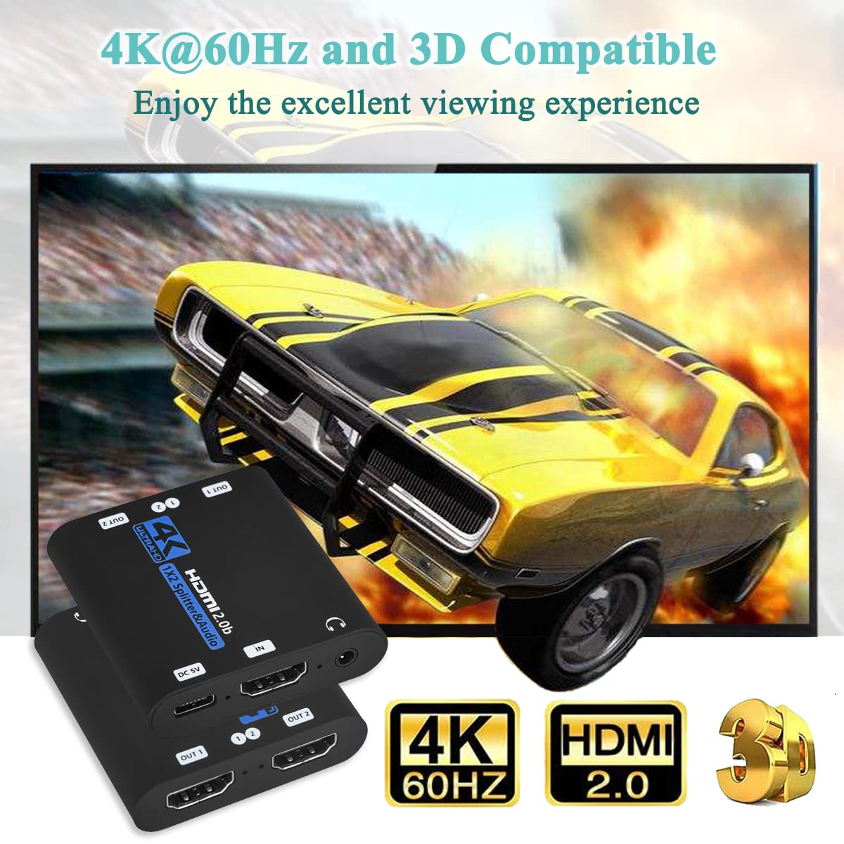 Splitter HDMI 1x2 con estrattore audio, 1 in 2 Out Audio Video Distributore Box, HDMI 2.0b, HDCP 2.2, HDR, supporto 4K a 60Hz Ultra HD 3D per PS4, Xbox, STB, lettori DVD Blu-ray ecc. (blu)