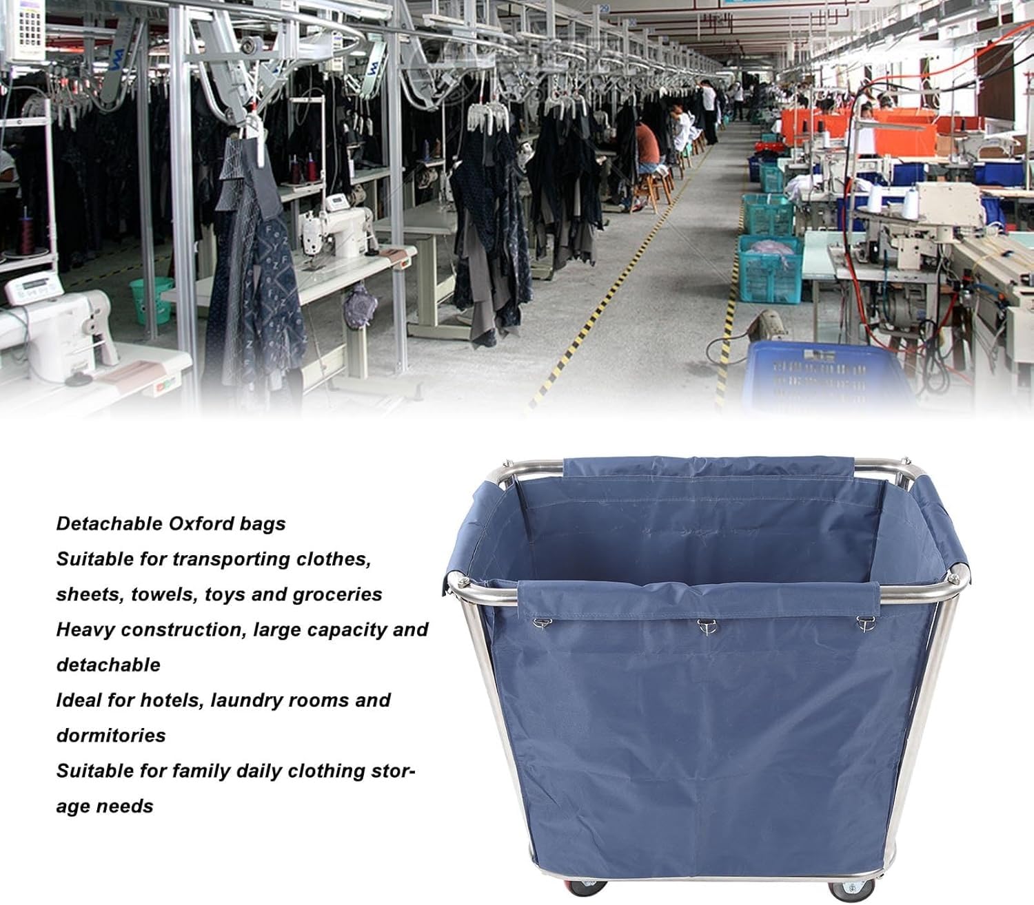 Carrello portabiancheria su ruote, resistente, in acciaio inox, 350 l, per uso alberghiero e alberghiero