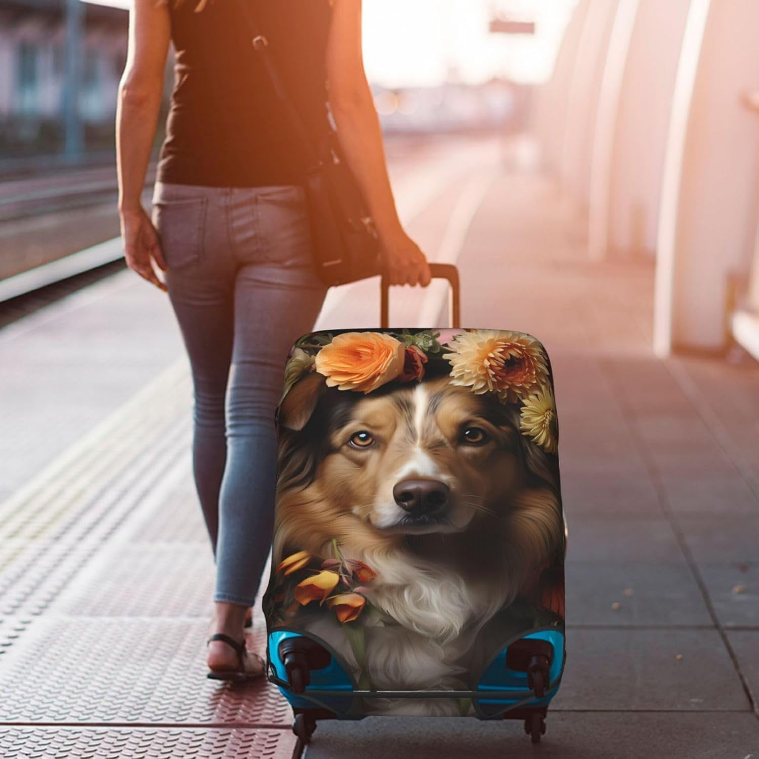 Dog Girl With Flowers Protect Your Luggage With Our Unique Suitcase Protector Cover - Ideal For Travel And Business Trips Suitcase Cover