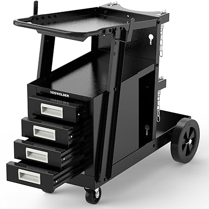 YESWELDER Welding Cart with 4 Drawers for MIG Welder TIG Welder and Plasma Cutter, Heavy Duty Large Storage 360 Rolling Welding Trolley