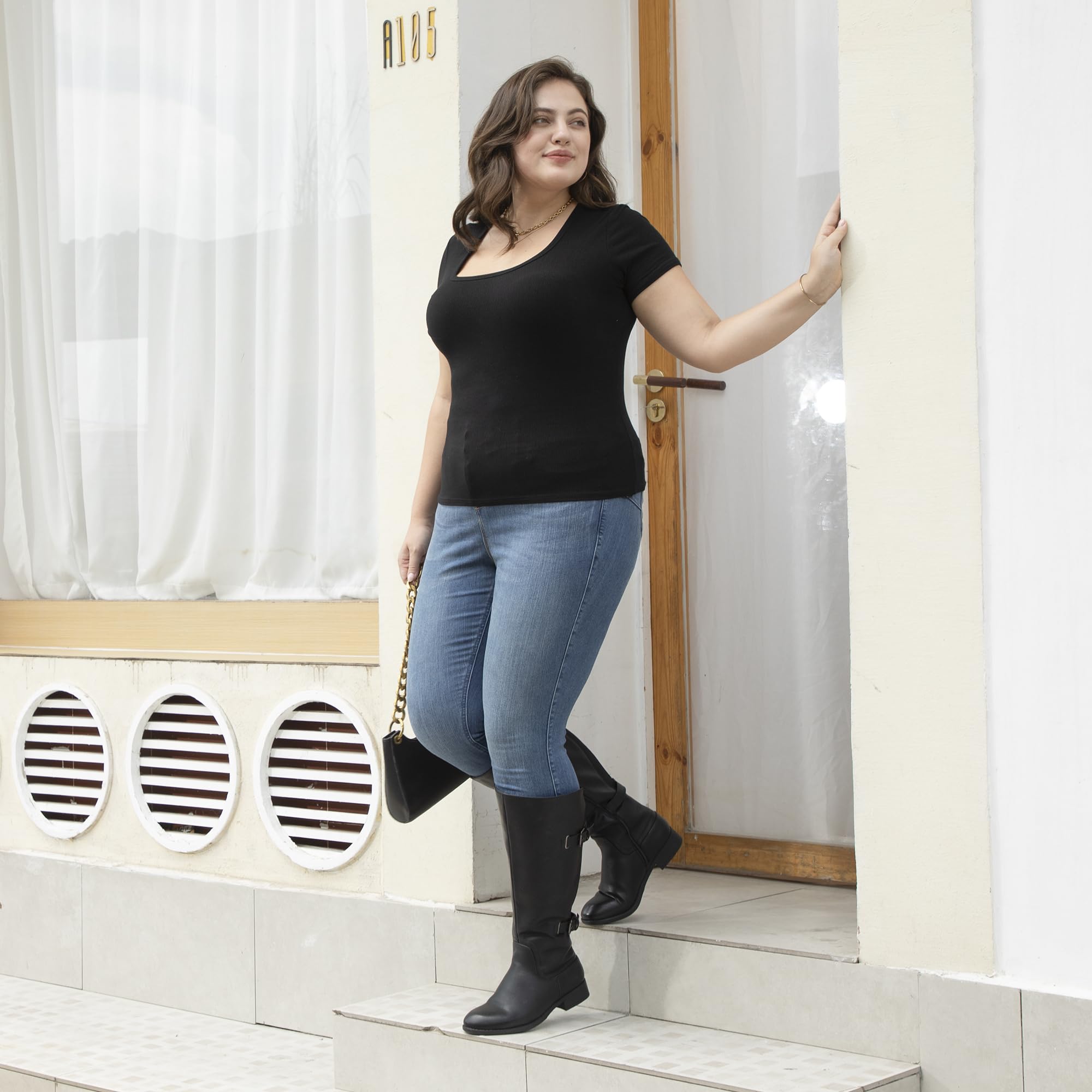 Botas clásicas de caña ancha con tacón plano y doble hebilla trasera elásticas para mujer