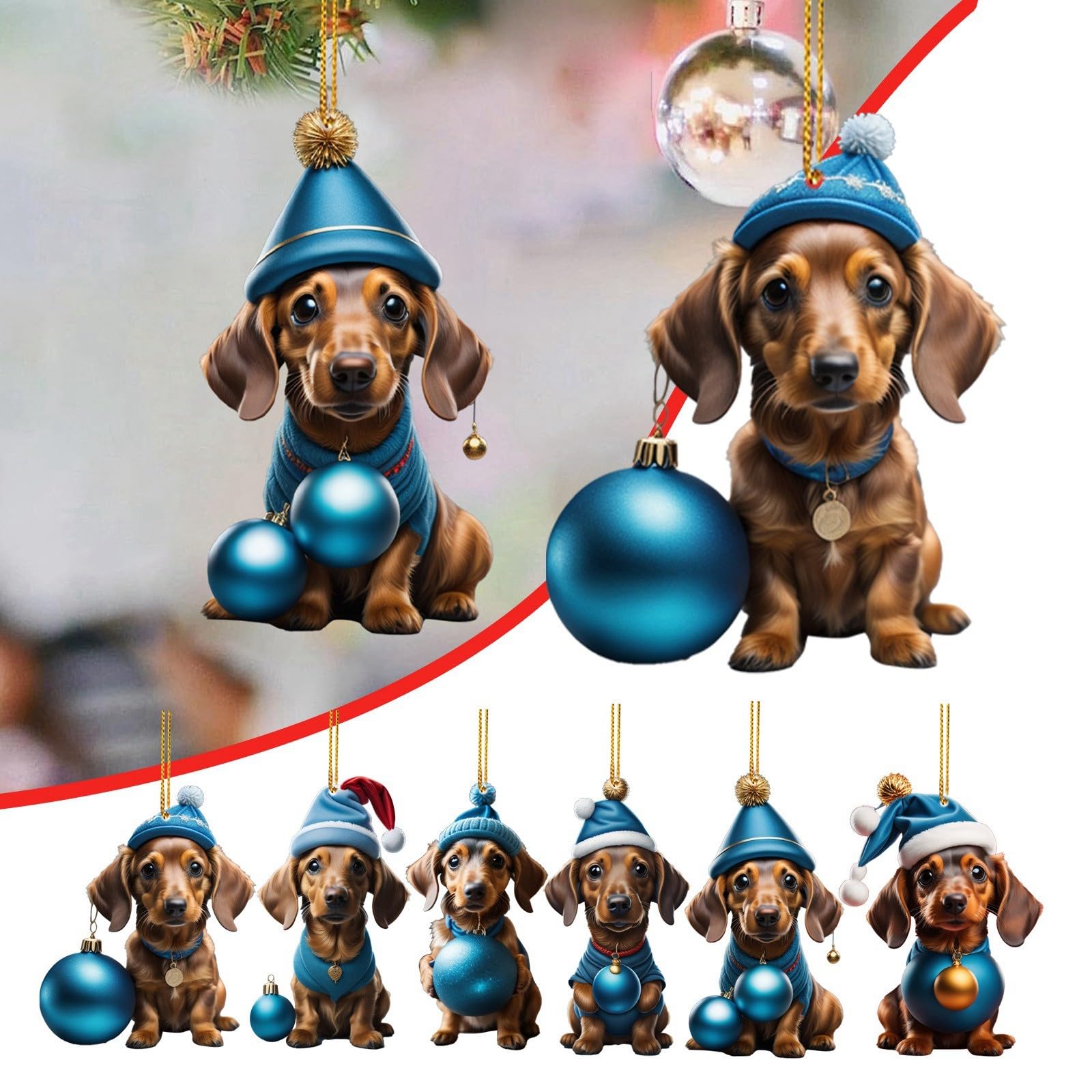 Weihnachtsbaum Anhänger Hunde Set - 7-teilig Acryl Dackel Ornamente - Weihnachtsdeko