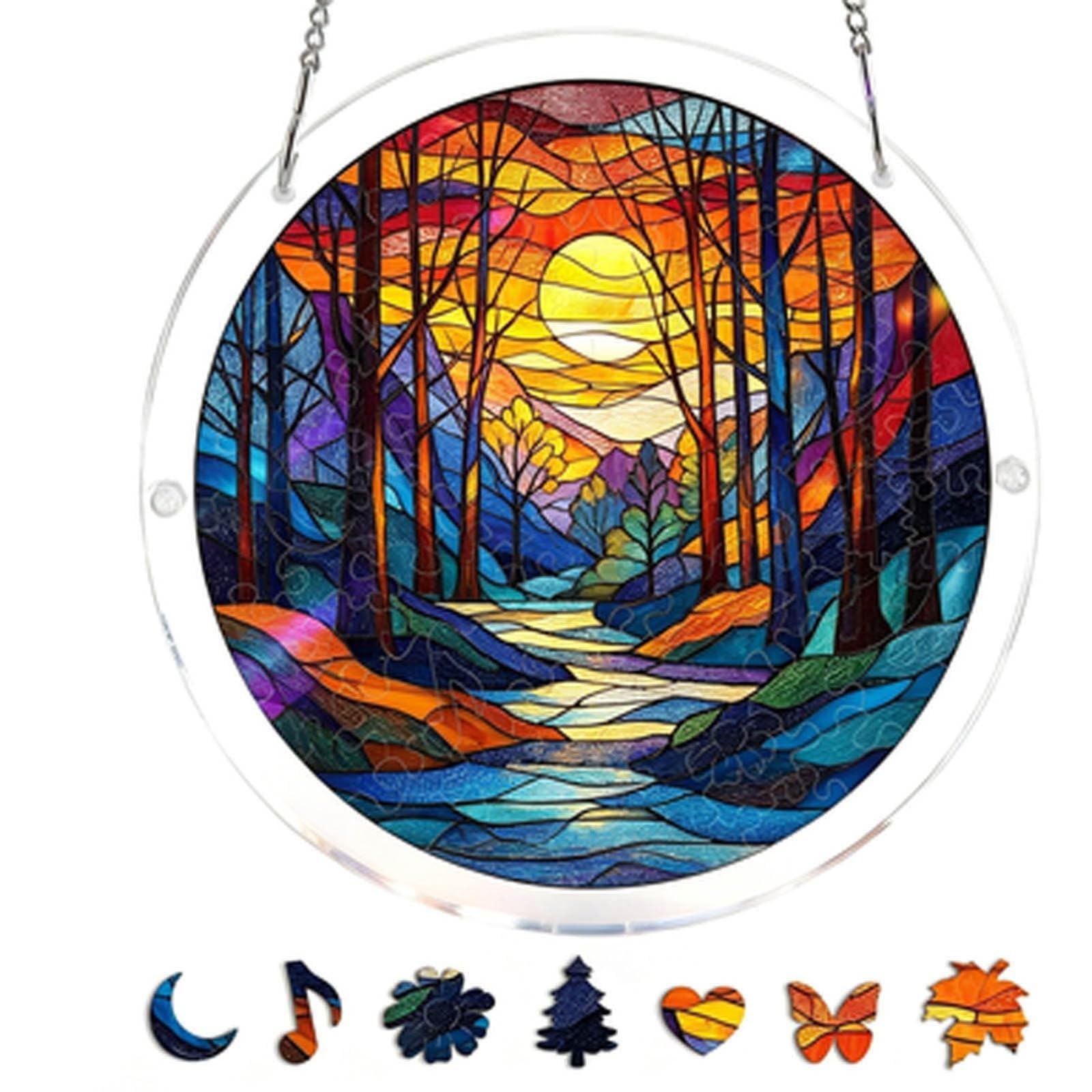 83 Pieces Hanging Acrylic Suncatcher Puzzle,DIY Acrylic Jigsaw Puzzle for Adults, 2mm Transparency Acrylic, Acrylic Suncatcher Puzzles for Doors Garden Window (Forest Sunset, 7 Inches) — image 1