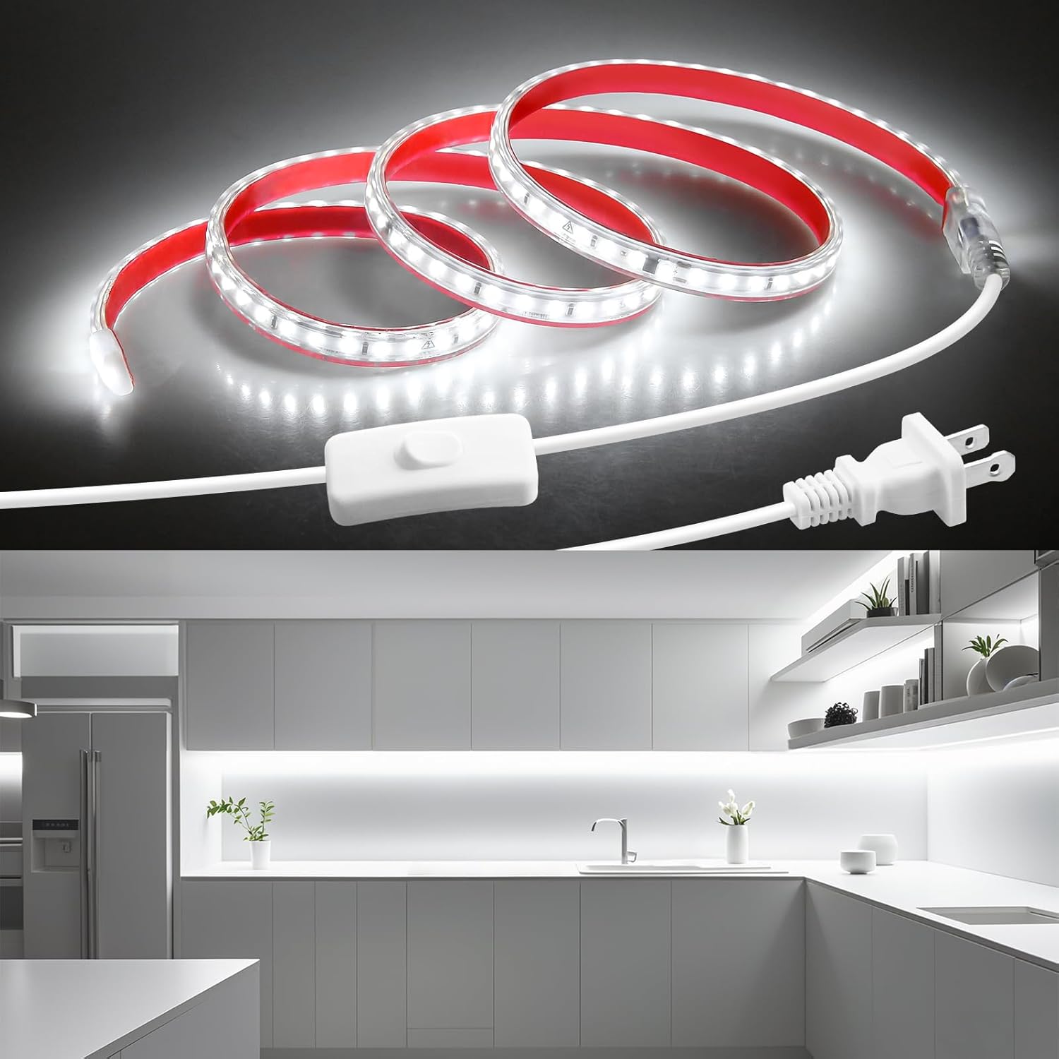 Plug in Under Cabinet LED Strip Lights Waterproof 48in Self-Adhsive White LED Light Strips with Switch Flexible Kitchen Under Counter Light 120LED/M High Density Tape Lights for Bedroom Home Decor