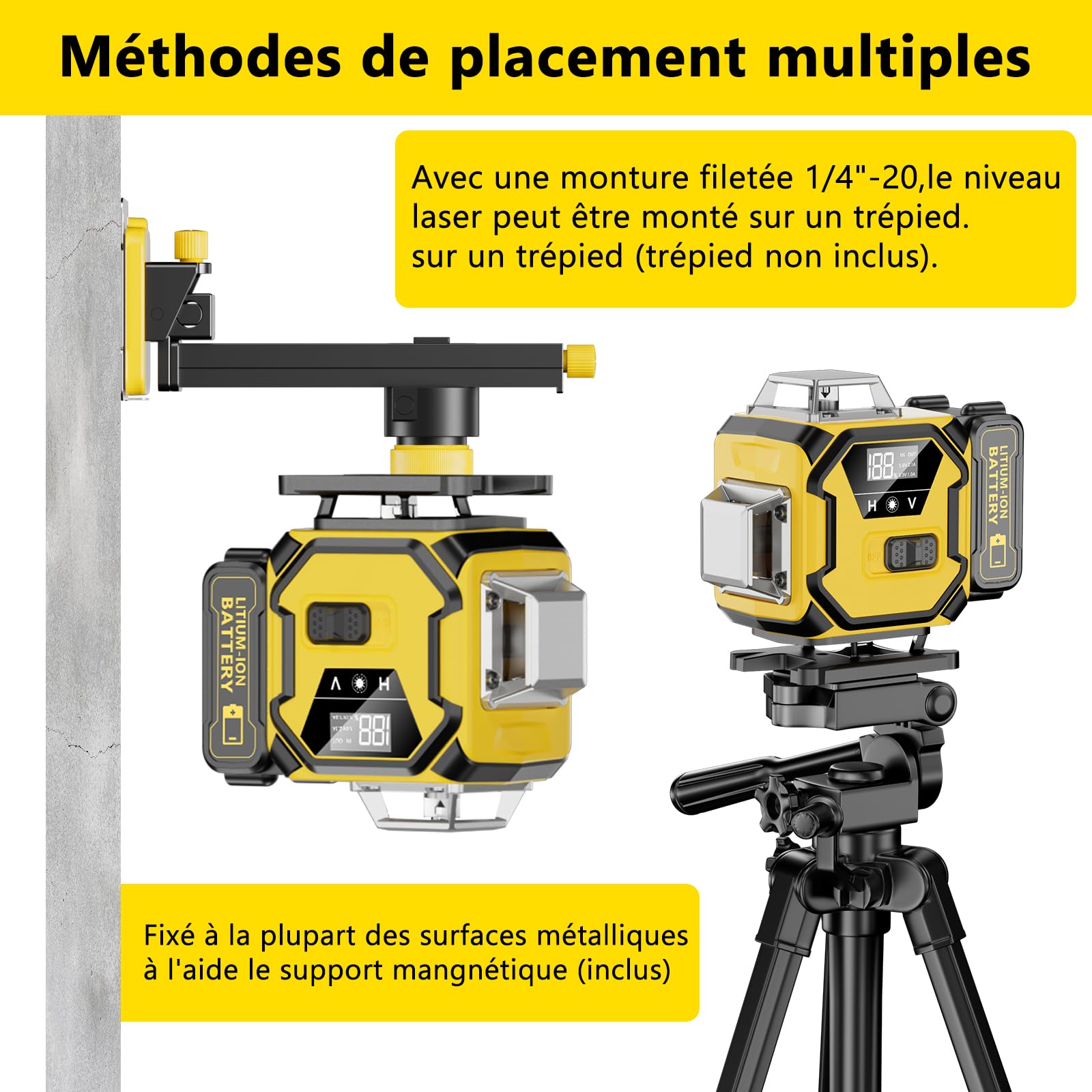 Niveau Laser Chantier Autonivelant 360° x 4, Lazer Niveaux 4D 16 Lignes Laser, Autonivellement et Mode Pulsé Extérieur, 2 x Batterie, Nivellement Automatique, Support Rotatif, Télécommande