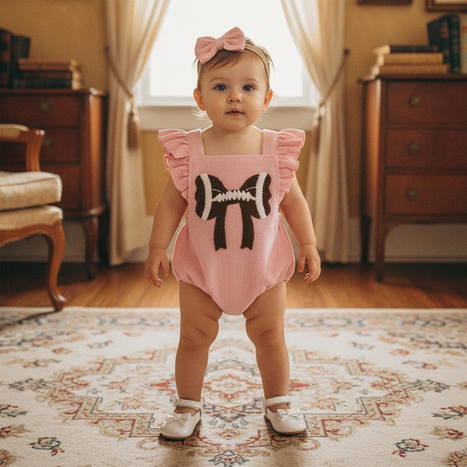 Karuedoo Newborn Baby Girl Football Clothes Football Bow Embroidery Ruffle Sleeveless Corduroy Romper Bodysuit with Headband - Image 4