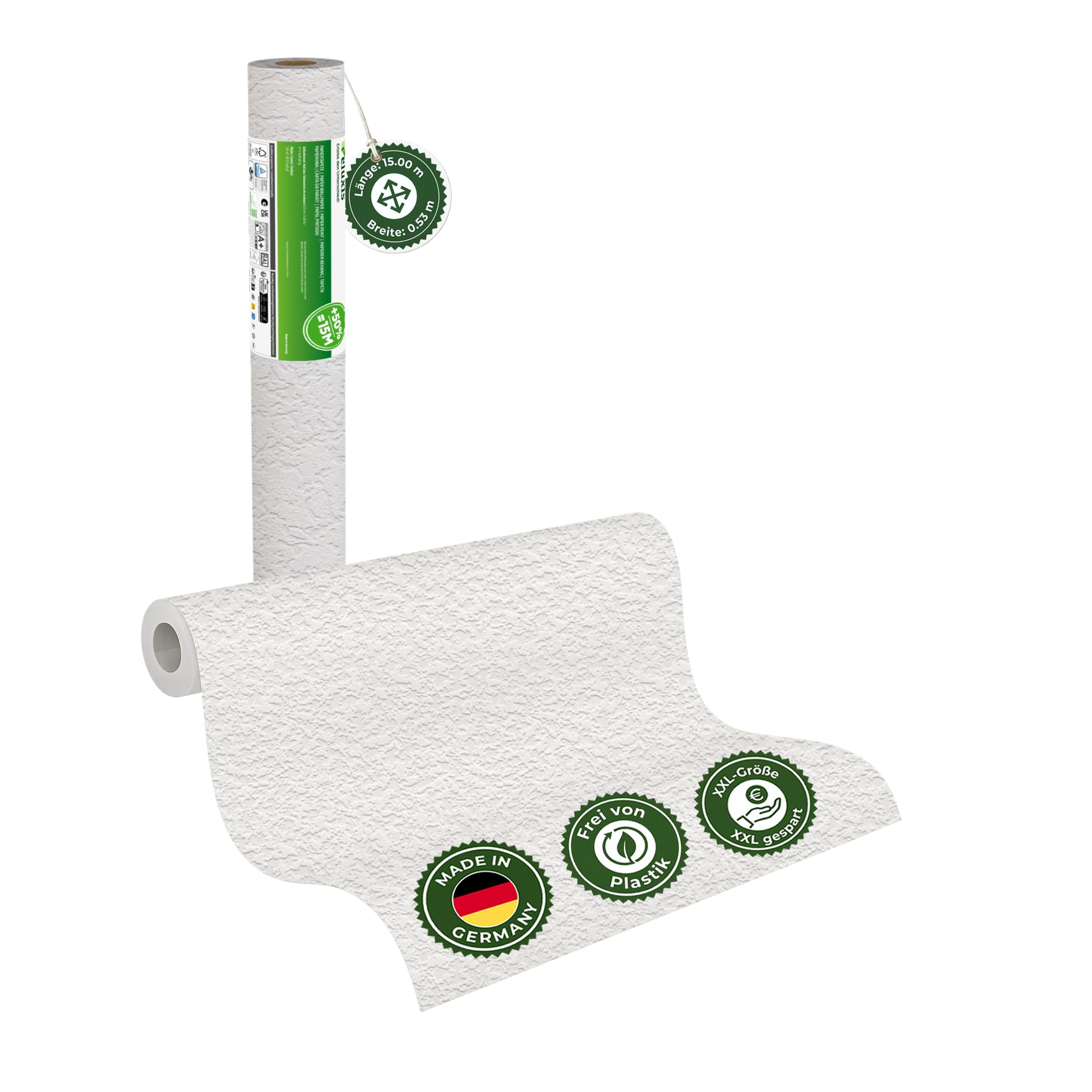 Raufasertapete Papiertapete – GRANDIOSO Strukturtapete Raufaserstruktur, XXL 15,00 m x 0,53 m, überstreichbar, atmungsaktiv, Made in Germany