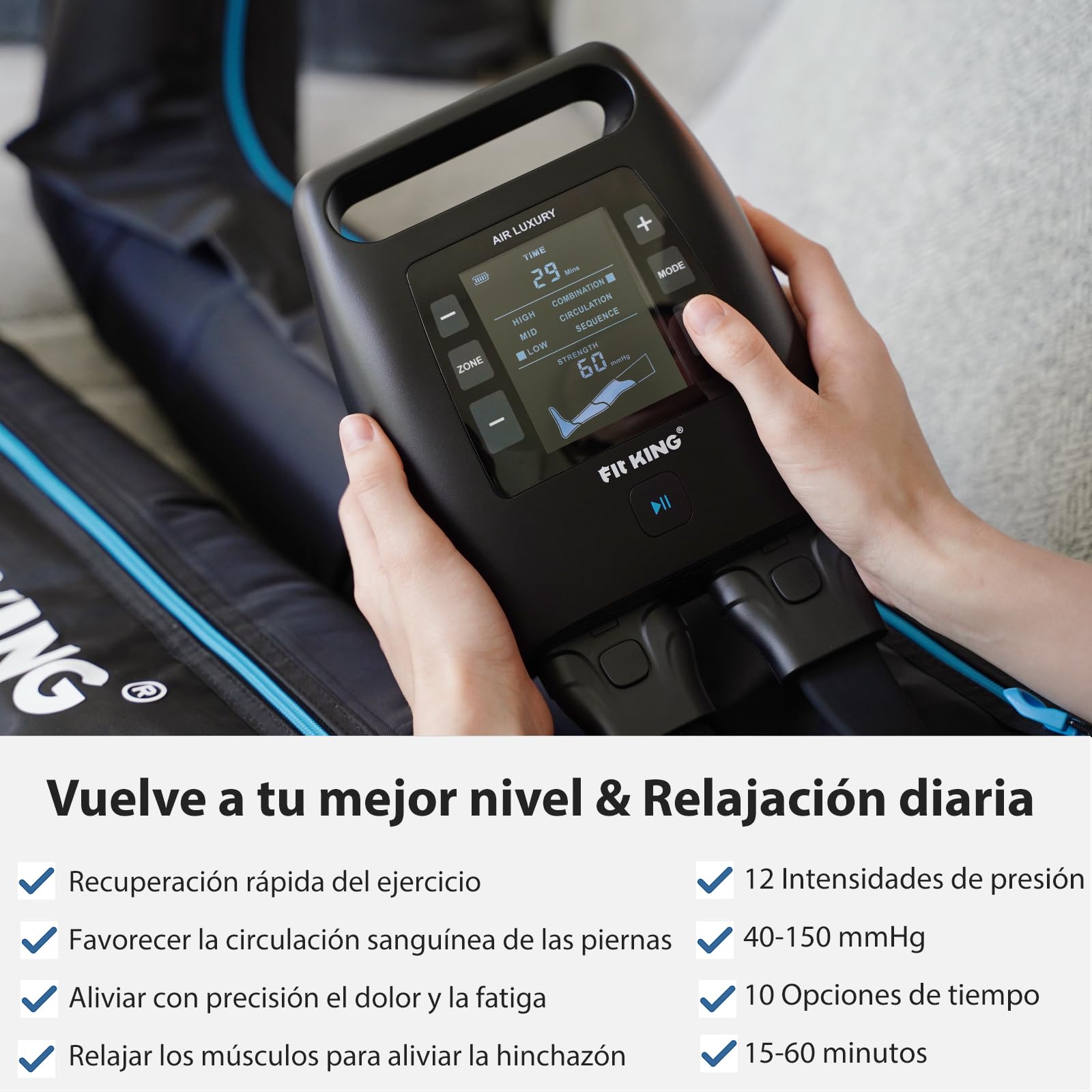 FIT KING Botas de Presoterapia Recargable, Masajeador de piernas sin cable para el dolor y la circulación con el calentamiento y con la recuperación (Medio)