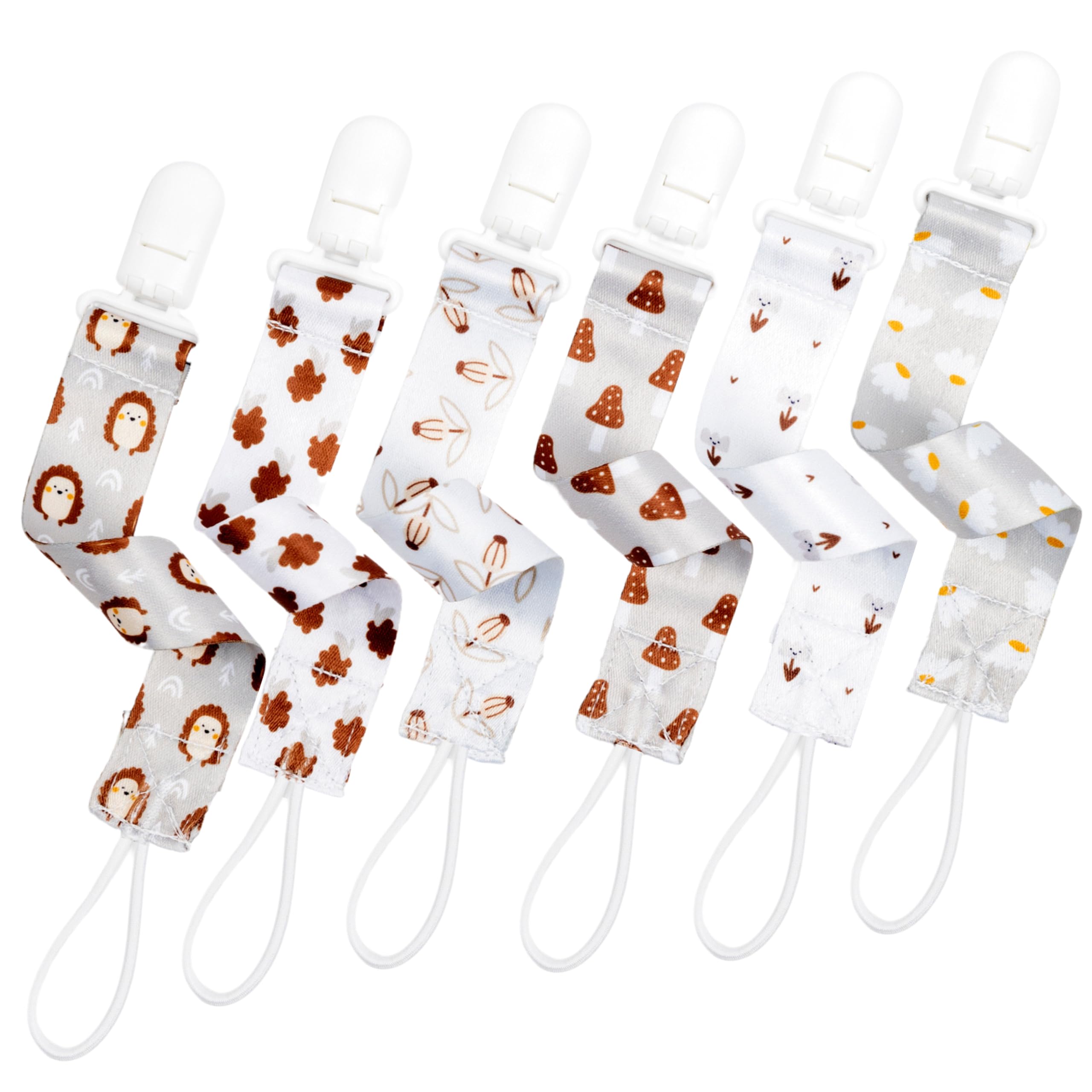 BUNNYBEE Neutral Pacifier Clip Set, 6 Pack Pacifier Holder Clip for Boys and Girls, Mushroom Hedgehog Floral Baby Binky Teethers, Baby Shower (