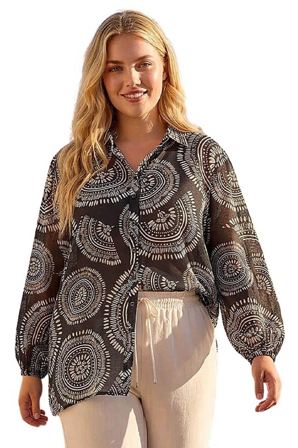 Roman Women's Curve Abstract Print Woven Shirt in Black | Size: 20