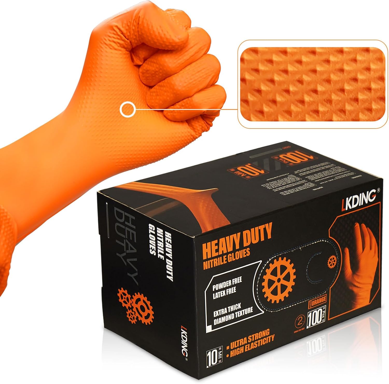 Heavy Duty Nitrile Gloves, 10-mil Thick, Diamond Texture, Powder and Latex Free, 100 Count (50 Pairs)