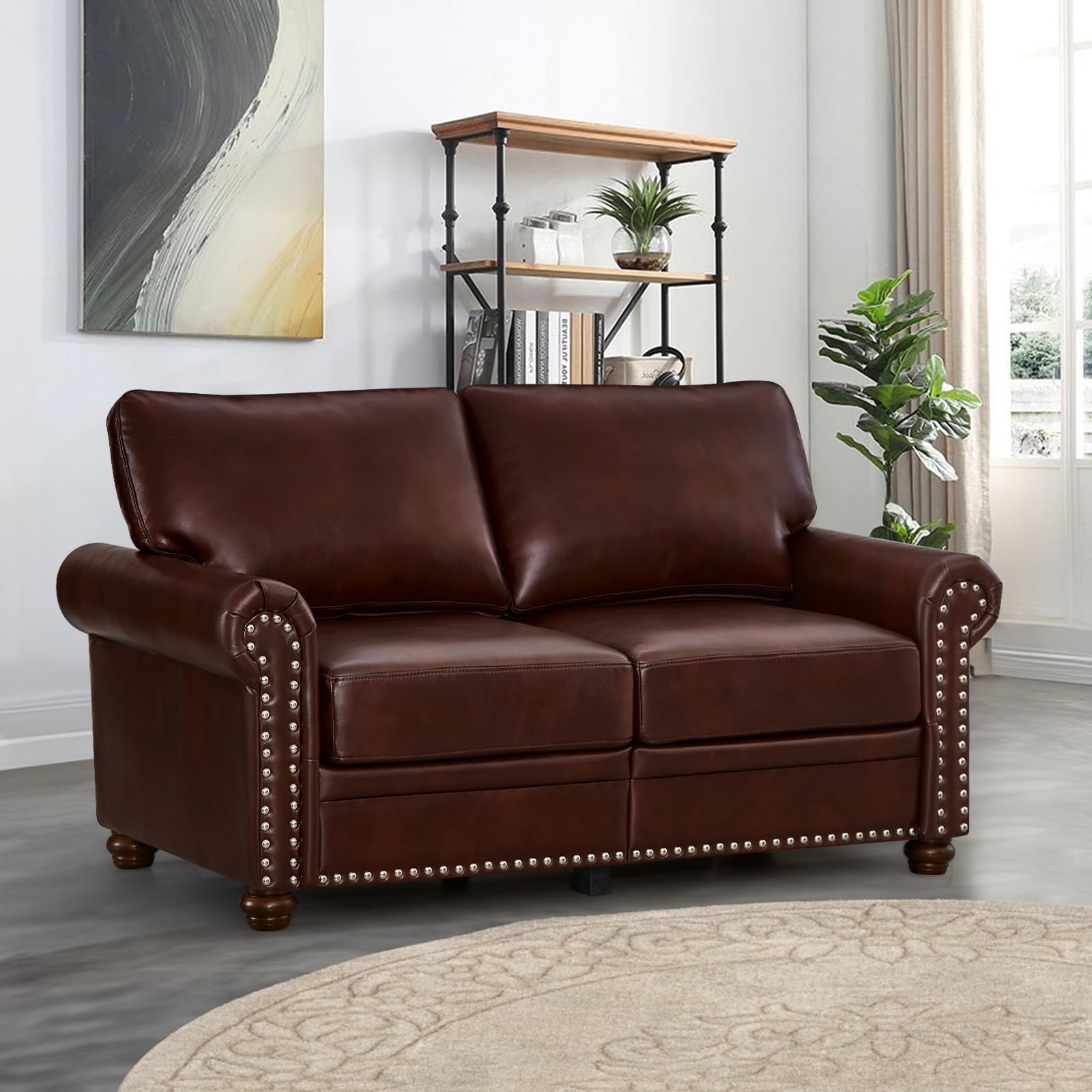 Faux Leather Loveseat Sofa Couch,59" Mid Century Modern Couch with Storage Place,Comfy 2 Seater Couch with Nailhead Trim&Rolled Arm,Deep Seat Small Couch for Living Room,Apartment,Office(Burgundy)